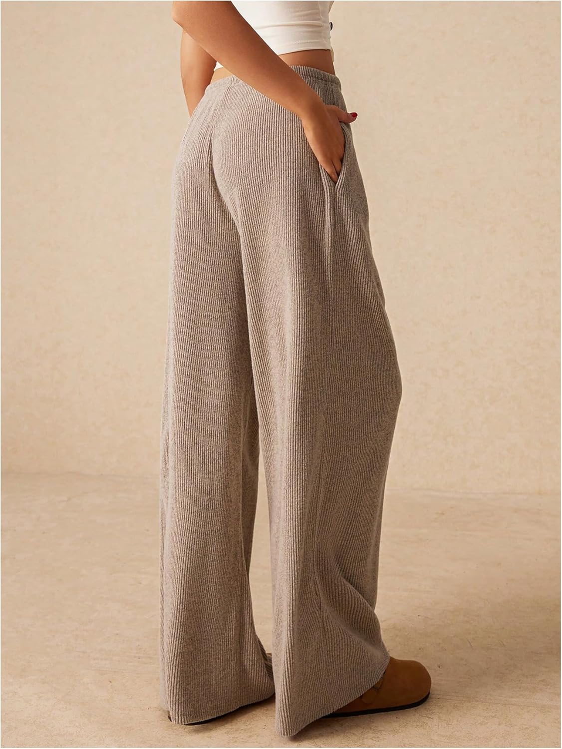 Women's Low Rise Wide Leg Pants Ribbed Knit Drawstring Waist Casual Lounge Trousers with Pockets - Image 3