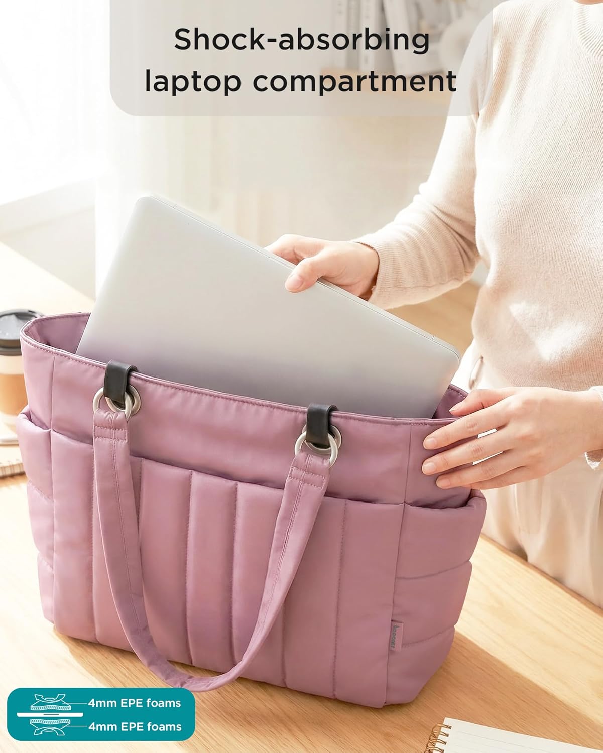 COOSKY Puffer Tote Bag for Women, Quilted Work Handbag with 40 OZ Tumbler Holder, Cute Lightweight Shoulder Everyday Bag