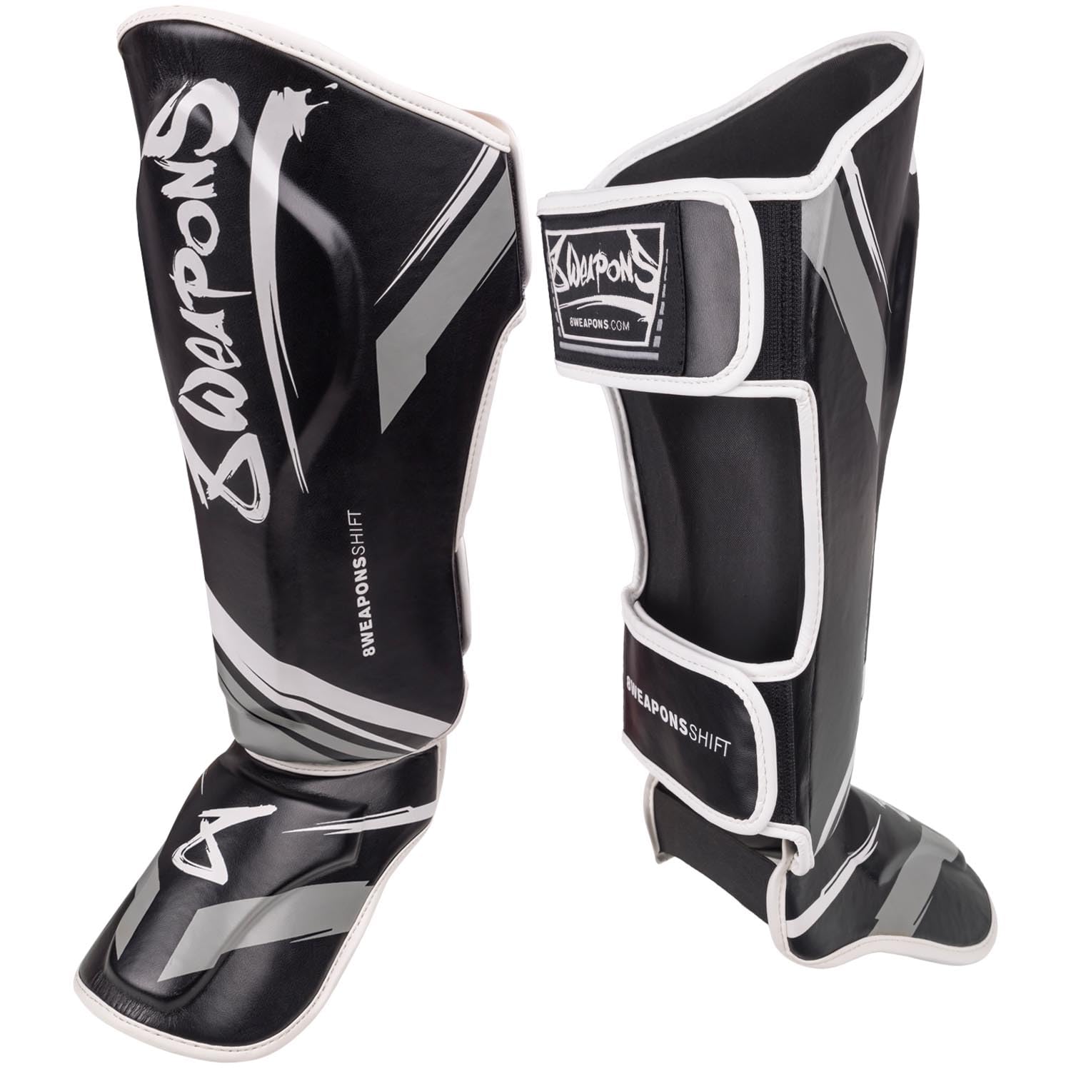 8 WEAPONS Espinilleras Shift, color blanco y negro, entrenamiento y competición, piel sintética de alta calidad y amortiguación perfecta, Muay Thai, K1, MMA, karate y kickboxing