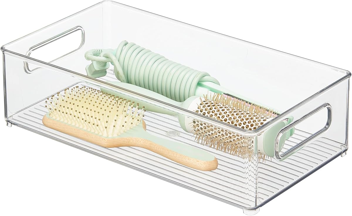 Stackable Bathroom Storage Bin with Handles, Clear | For Makeup and Accessories, Made in USA