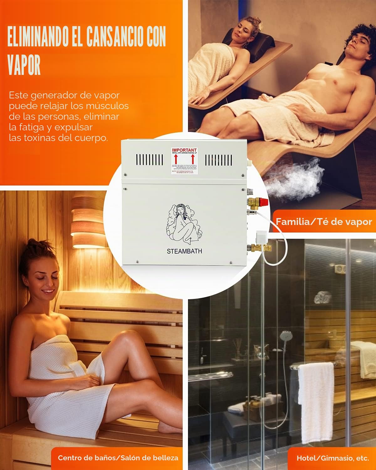 CGOLDENWALL 9KW Generador de Vapor Kit 220V Auto-Drenaje para Doméstico Comercial, Apto para Sauna/Ducha/Baño/SPA, con Controlador Digital- Calentamiento automático 35-55℃ para Espacio de 8.5m³