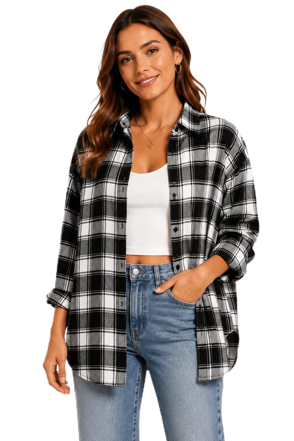 Women's Plaid Flannel Shirt, Black and White, Oversized-image-37