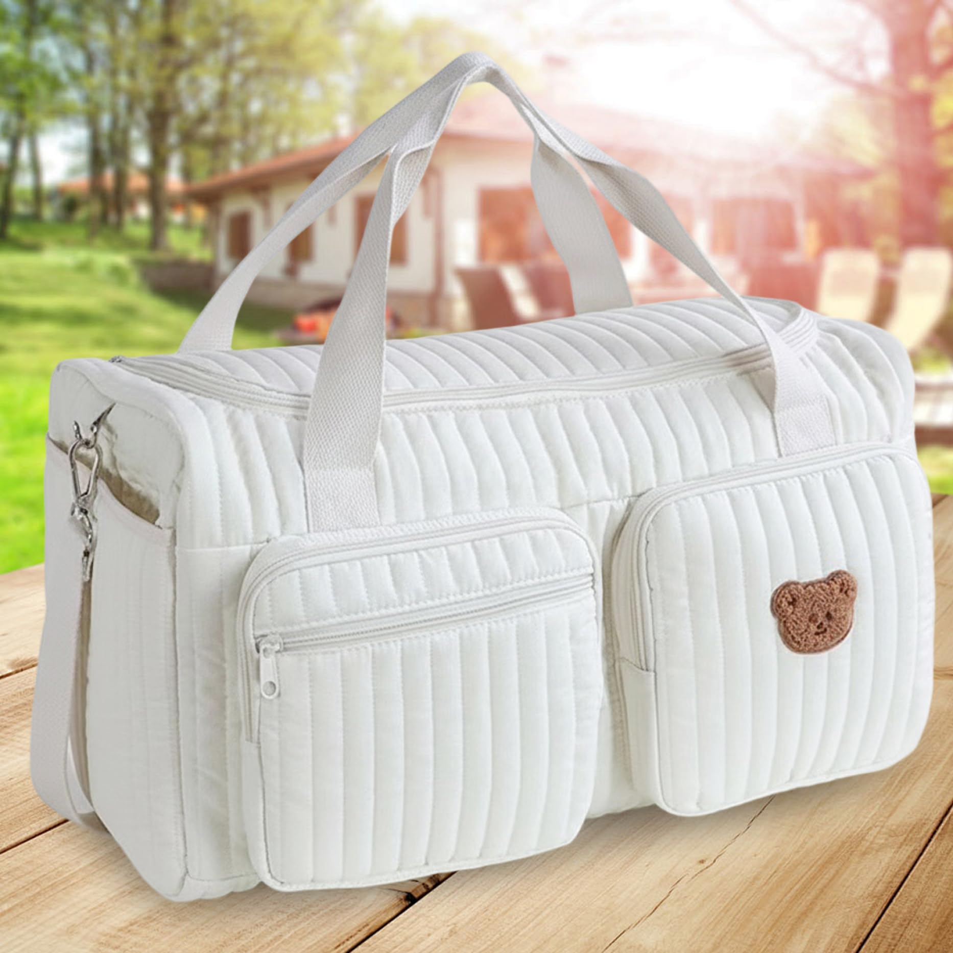 Sac de sport matelassé, sac de voyage pour bébé capacité avec broderie d'ours mignon pour les voyages à l'hôpital et en week-end, 18, 9 x 10, 2 x 8, 7 pouces, décoration la maison