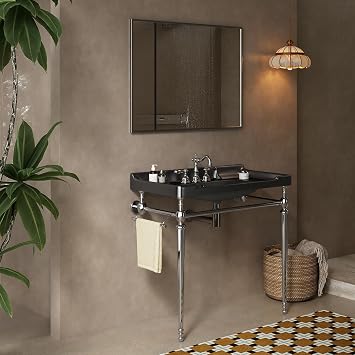 36 Console Bathroom Sink, Freestanding Console Sink With Stainless Brushed Chrome Legs, Modern Bathroom Vanity with 3 Tap Holes, Black with Silver
