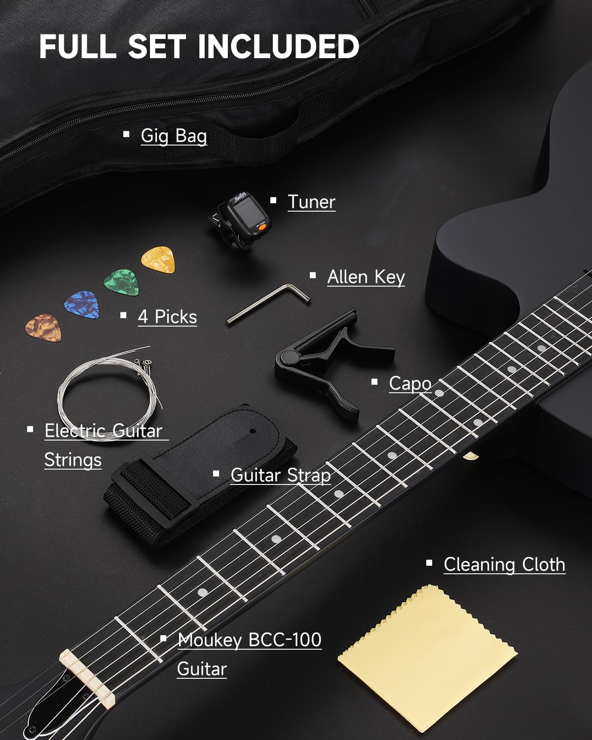 Moukey BCC-100 da 39 pollici Chitarra acustica elettrificata, chitarra cutaway con pickup passivo, custodia morbida, tracolla, plettri, accordatore e capotasto, nera