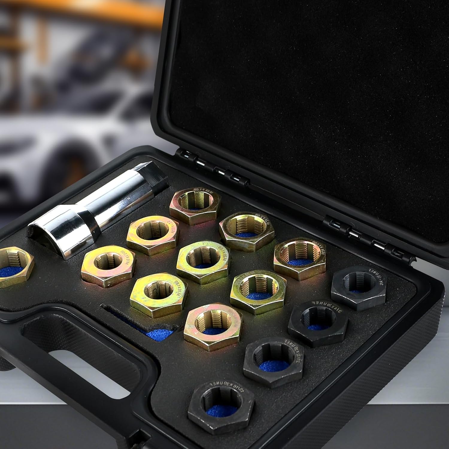 16-Piece Axle Spindle Rethreading Kit - Axle Thread Repair Kit with 10 Dies 1-1/16" Extension Bar, Axle Spindle Thread Chaser Set with Case, Essential Tool for Mechanics