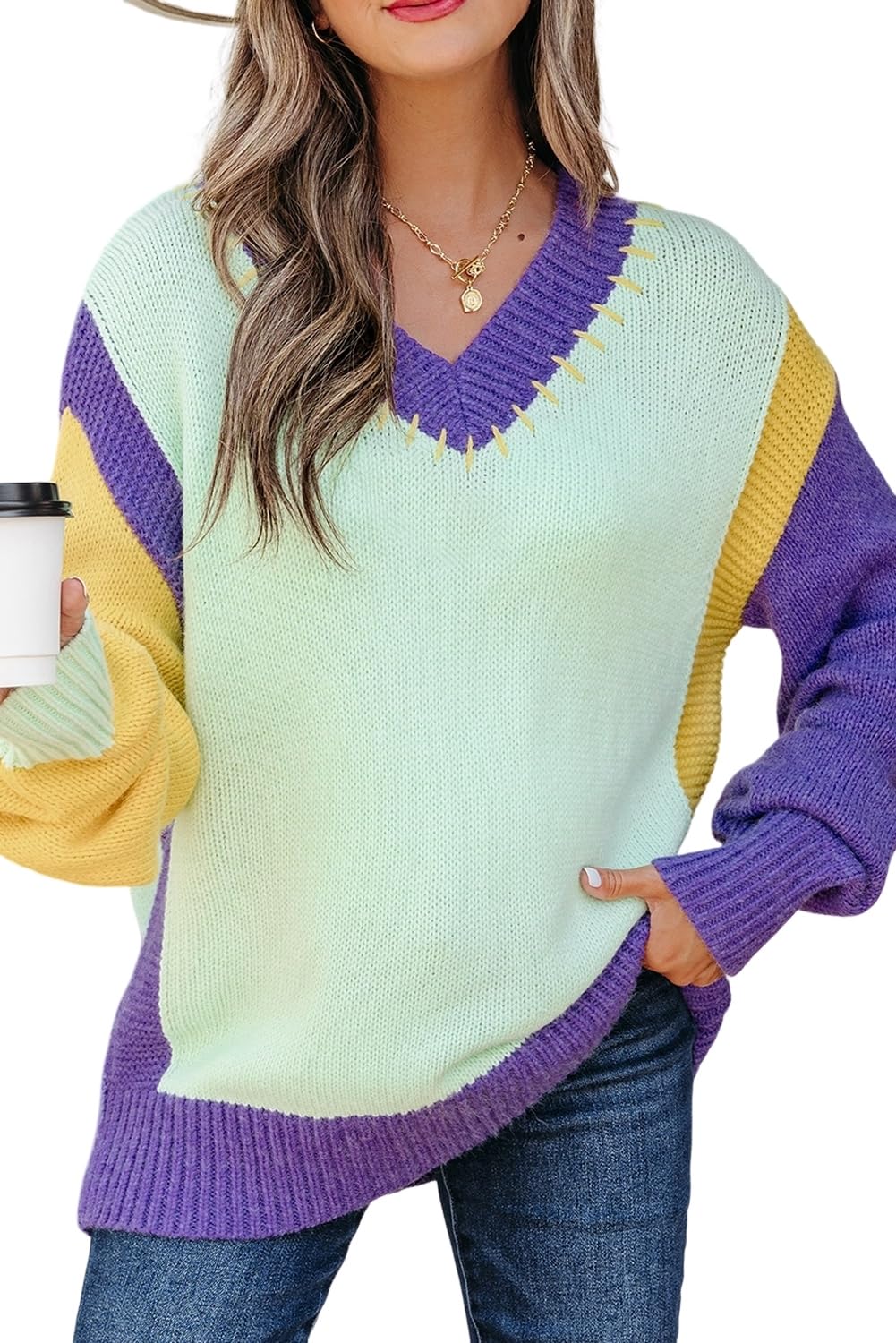 MARZXIN Womens Winter Pullovers Green Stitched V Neck Color Block Knitted Drop Shoulder Sweater