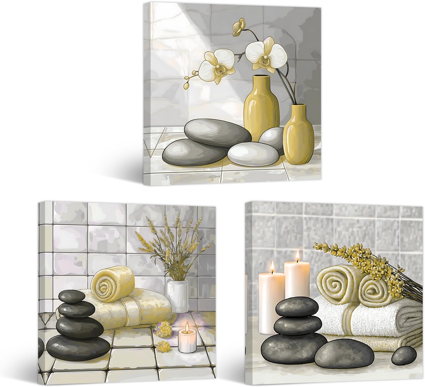 YMXZHUANSH Spa Canvas Wall Art 3 Piece Zen Stone Orchid Pictures for Bathroom Still Life Print Zen Meditation Artwork Wall Decor Frame(Yellow 12x12inchx3P(30x30cmx3P))
