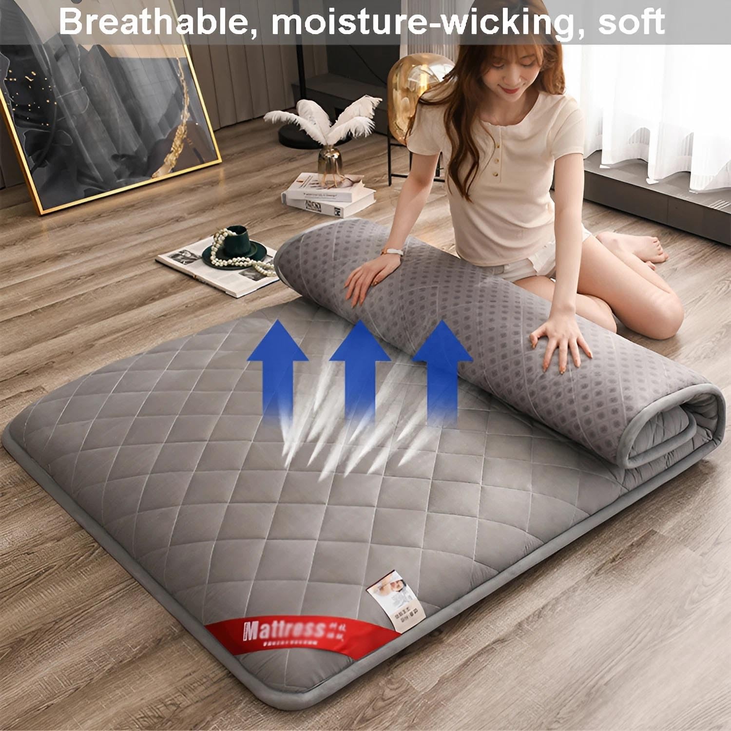 Materasso Futon Giapponese per Casa - Pieghevole e Portatile, Ispessito e Trapuntato, Morbido e Confortevole per Letto Ospiti e Dormitorio - Traspirante e Antiscivolo(Gray,100 x 200 cm)