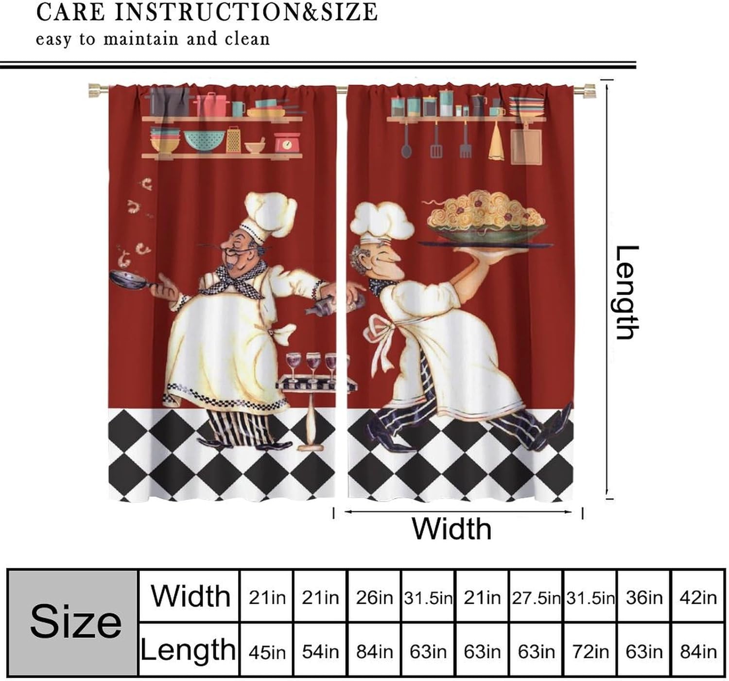 Chef Kitchen Curtain Abstract Funny Cook Theme Window Treatment for Bedroom Living Room Red Black Buffalo Check Plaid Decor Window Drapes 42" W X 54" L