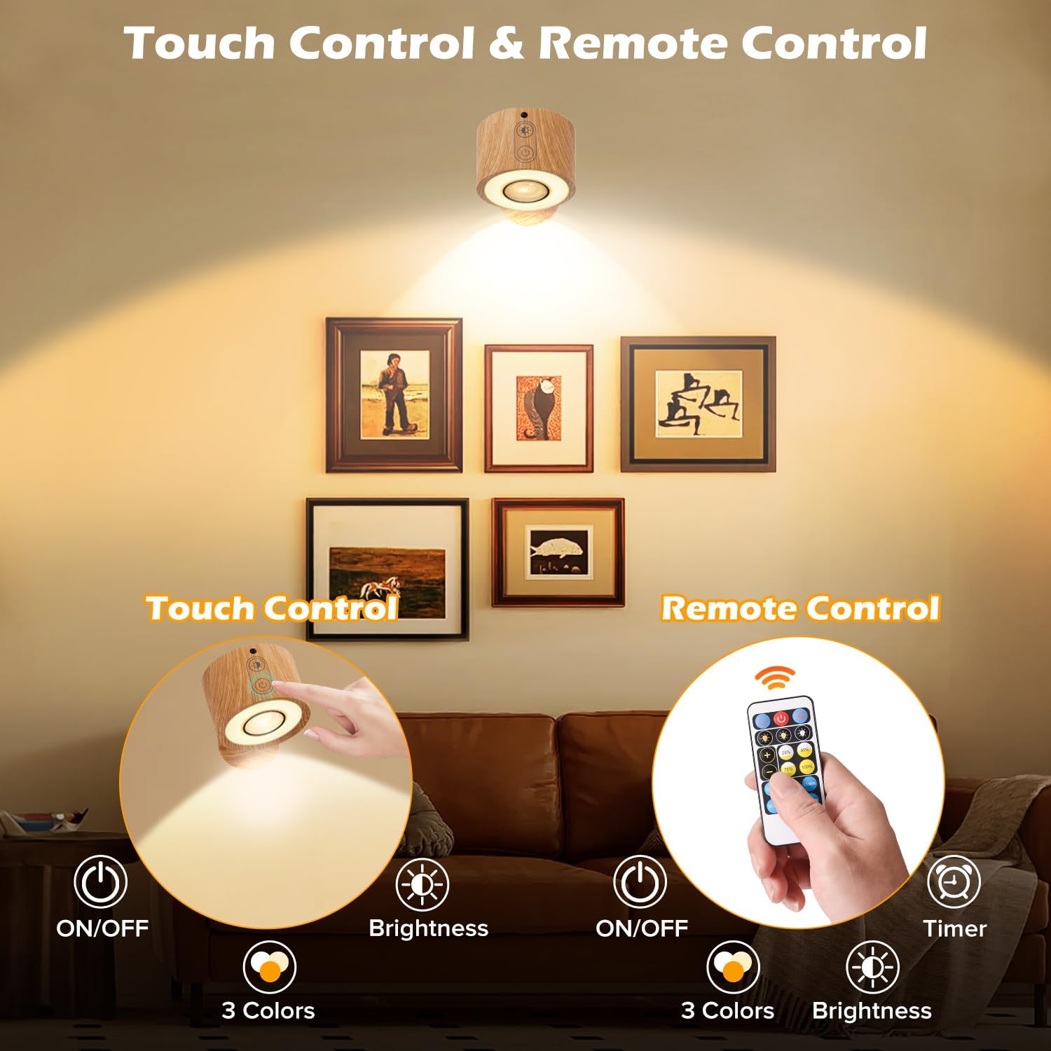 LED Wall Mounted Lights 4 Pack with Remote, 3000mAh Rechargeable Wall Sconces 3 Lighting Modes & Dimmable, 360°Rotate Cordless Wall Light for Bedroom Bedside Reading Study(Burlywood-3 Color, 4 Psc)