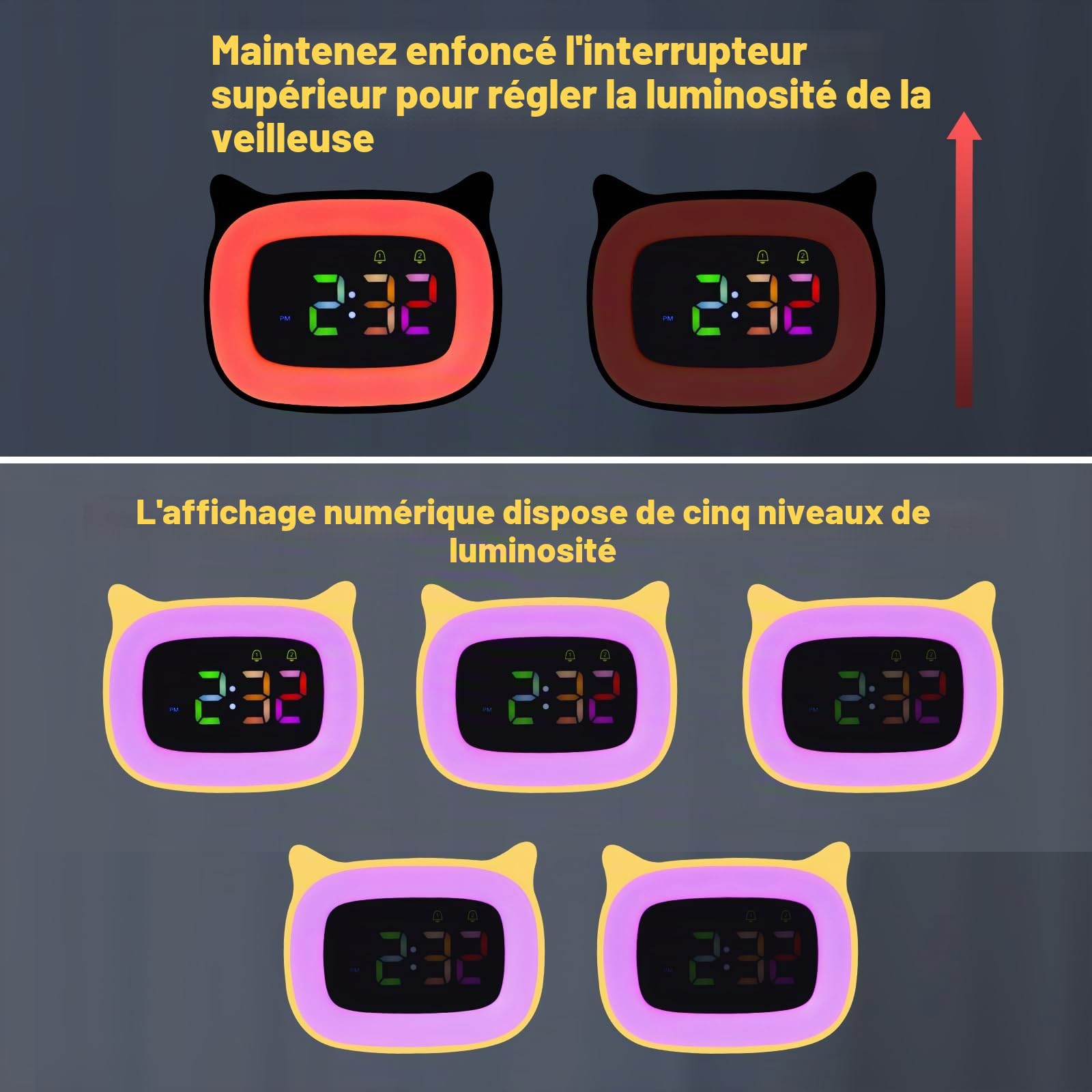 Seutgjie Réveil Enfant Lumineux pour Adolescent/Fille/Garçon, Reveil Chat à RGB 8 Couleurs & 18 Sonneries & 2 Alarmes, Réveil Enfant Éducatif 12/24 Heures avec Mode de Répétition