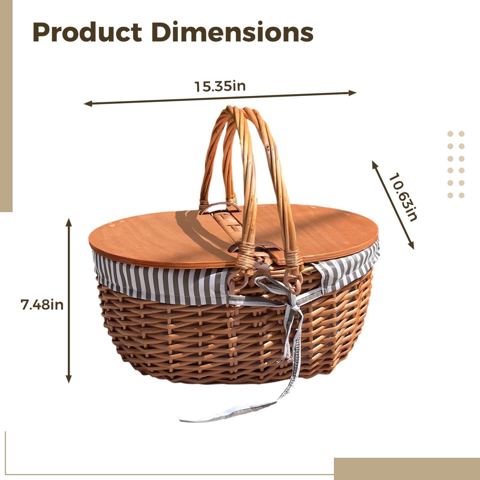 Panier Pique-Nique, Panier en Osier avec Couvercle et poignée, 39 cm, tressage en Saule et Paille, Panier Portable pour Camping, Sorties en Plein air, fêtes et Repas en extérieur