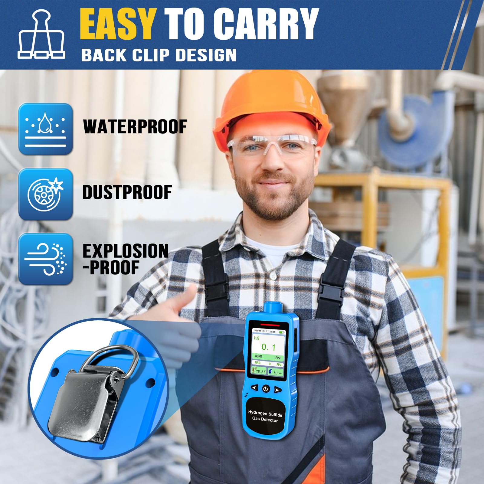 Monitor H2S 0-100PPM, Analizzatore di Gas Solfuro di Idrogeno, Misuratore di Qualità Dell'Aria Ricaricabile per Solfuro di Idrogeno con Tester di Temperatura e Umidità, Blu