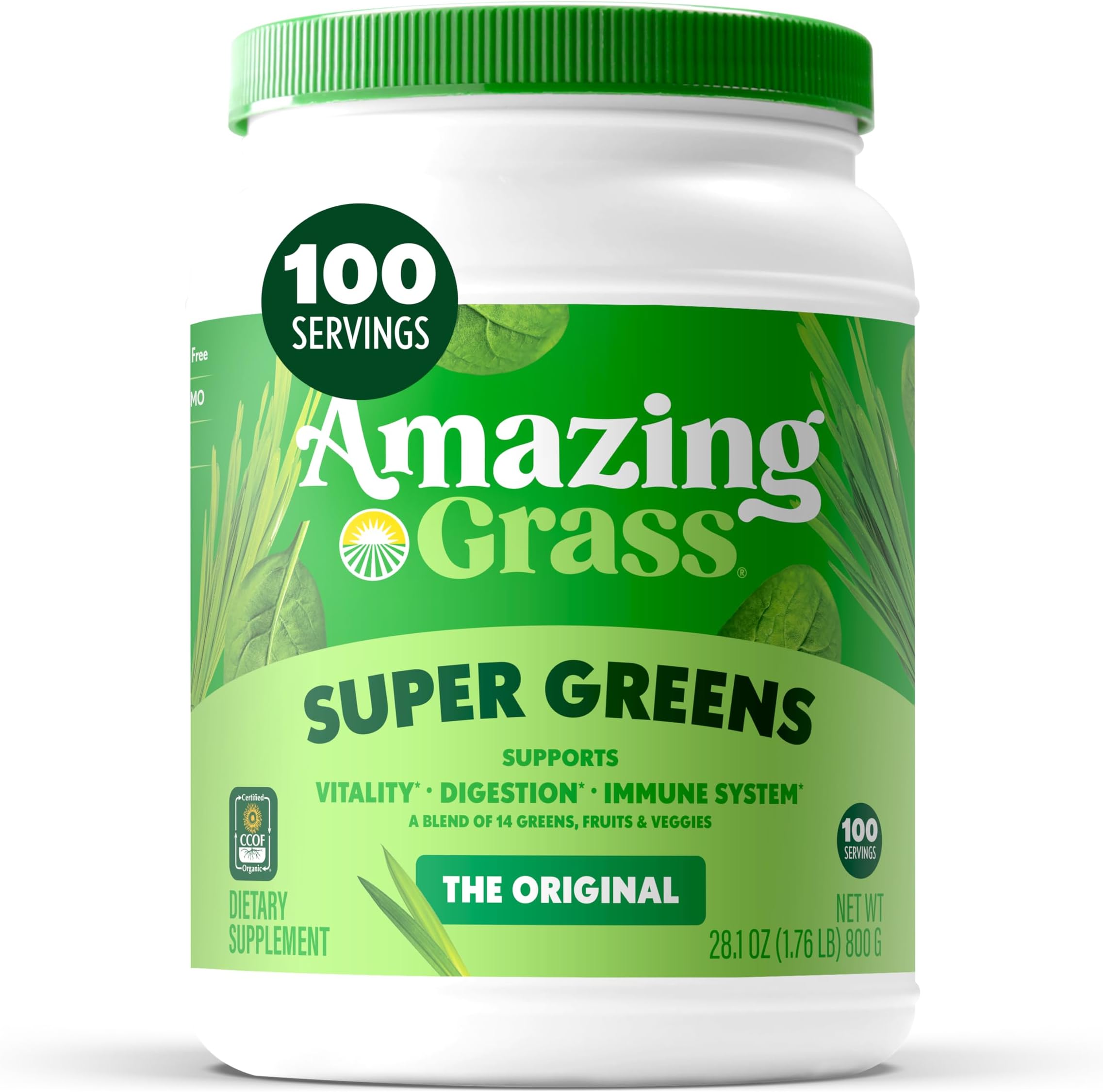 Amazing Grass Greens Blend Superfood: Super Greens Powder with Spirulina, Alfalfa, Beet Root Powder, Digestive Enzymes, Prebiotics & Probiotics, Original, 100 Servings (Packaging May Vary)