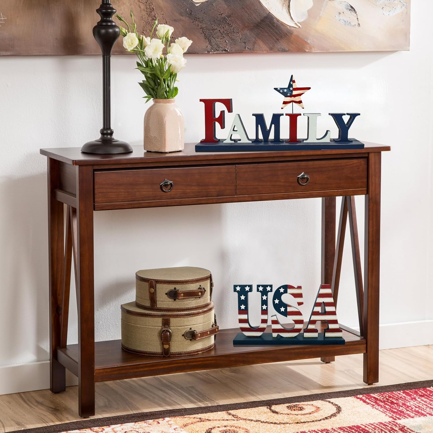 Veclotch Wood Family Patriotic Table Top Decor for 4th of July,US Flag Star Cutout Block Letter Freestanging Family Sign for Independence Day Veterans Day Table Shelf Decor