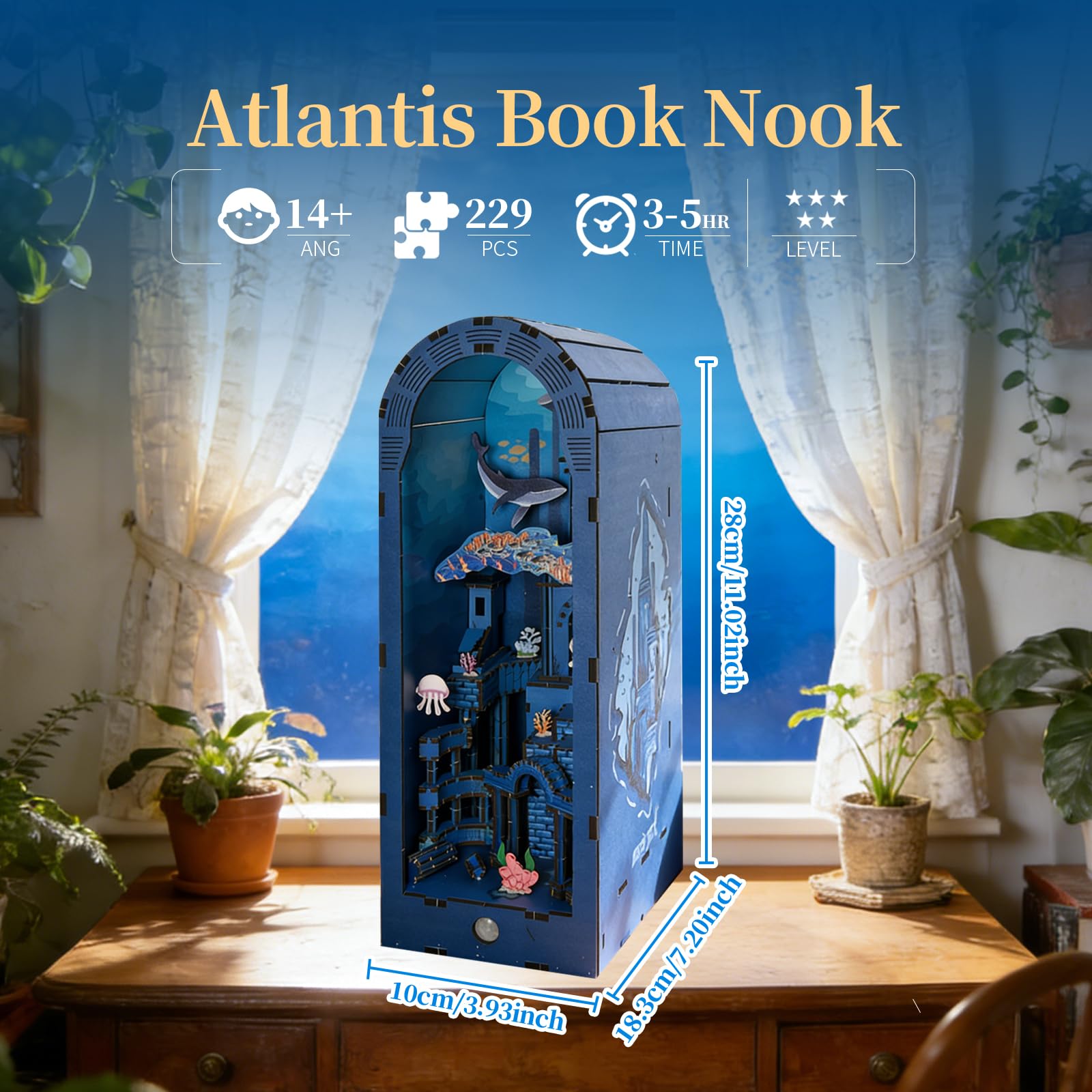 Music Park Kit Book Nook - Puzzle 3D in legno per adulti, città subacquea fai da te Atlantis con luce sensore, puzzle per adulti e kit di modelli in legno per adulti, regalo decorativo per libreria