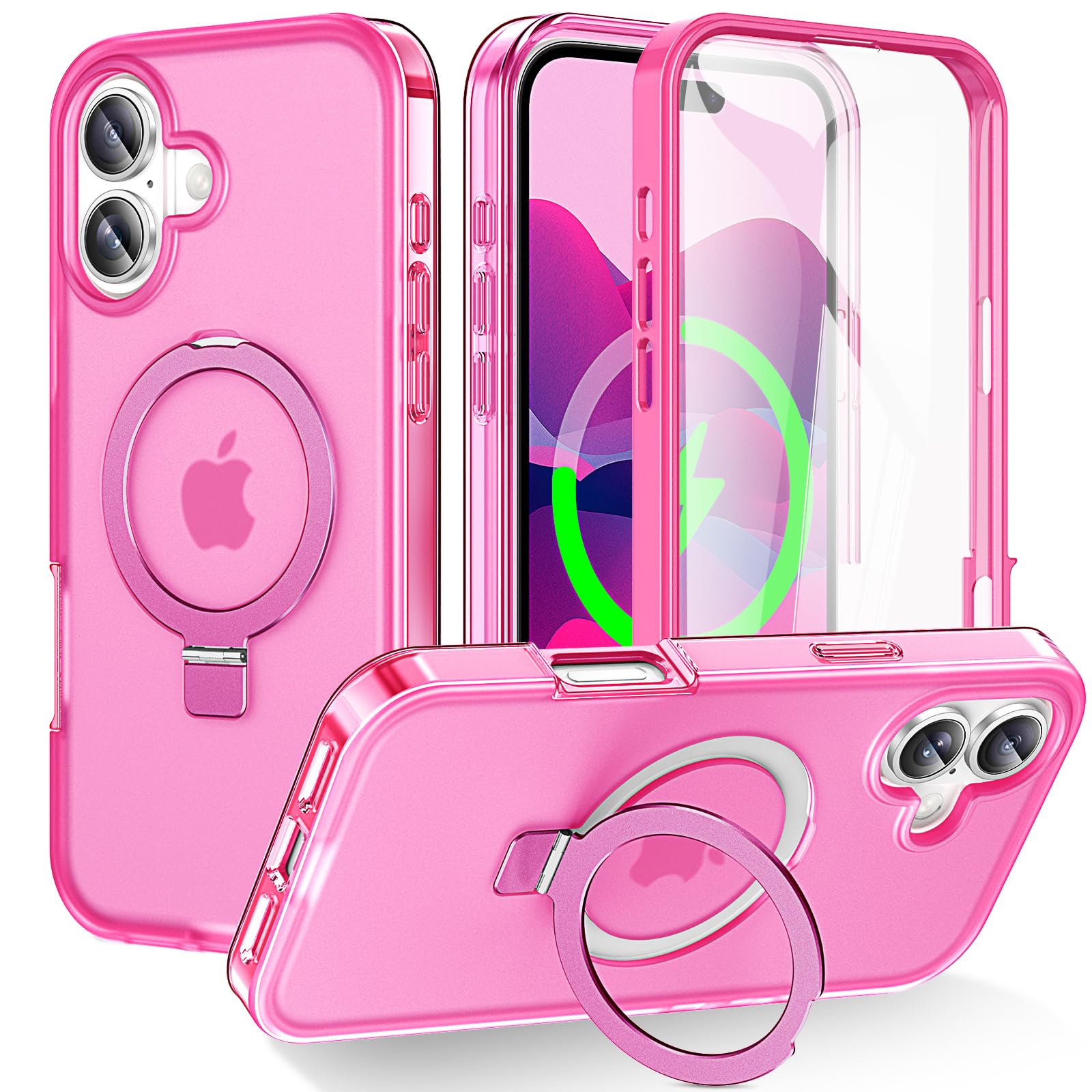 Custodia per iPhone 17 con pellicola protettiva integrata con supporto magnetico invisibile [compatibile con MagSafe] copertura integrale militare antiurto traslucida per telefono, rosa