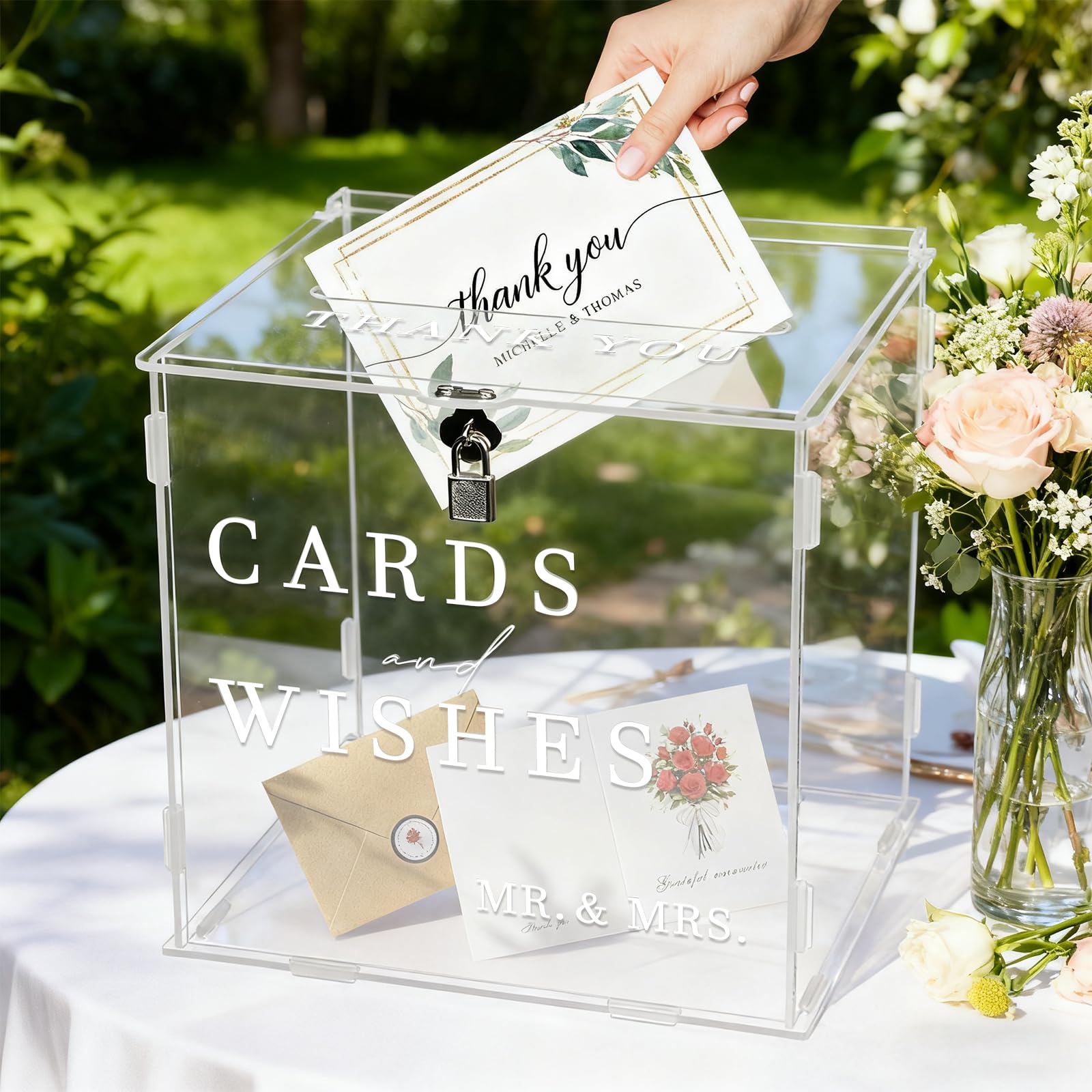Caja Acrílico para Tarjetas Bodas con Cerradura, 26 x 22 x 25,5 cm Transparente Caja para Sobres Boda Grande, Buzon Boda Cajas Dinero Bodas Para Regalo, Recepción, Aniversario y Fiesta de Cumpleaños