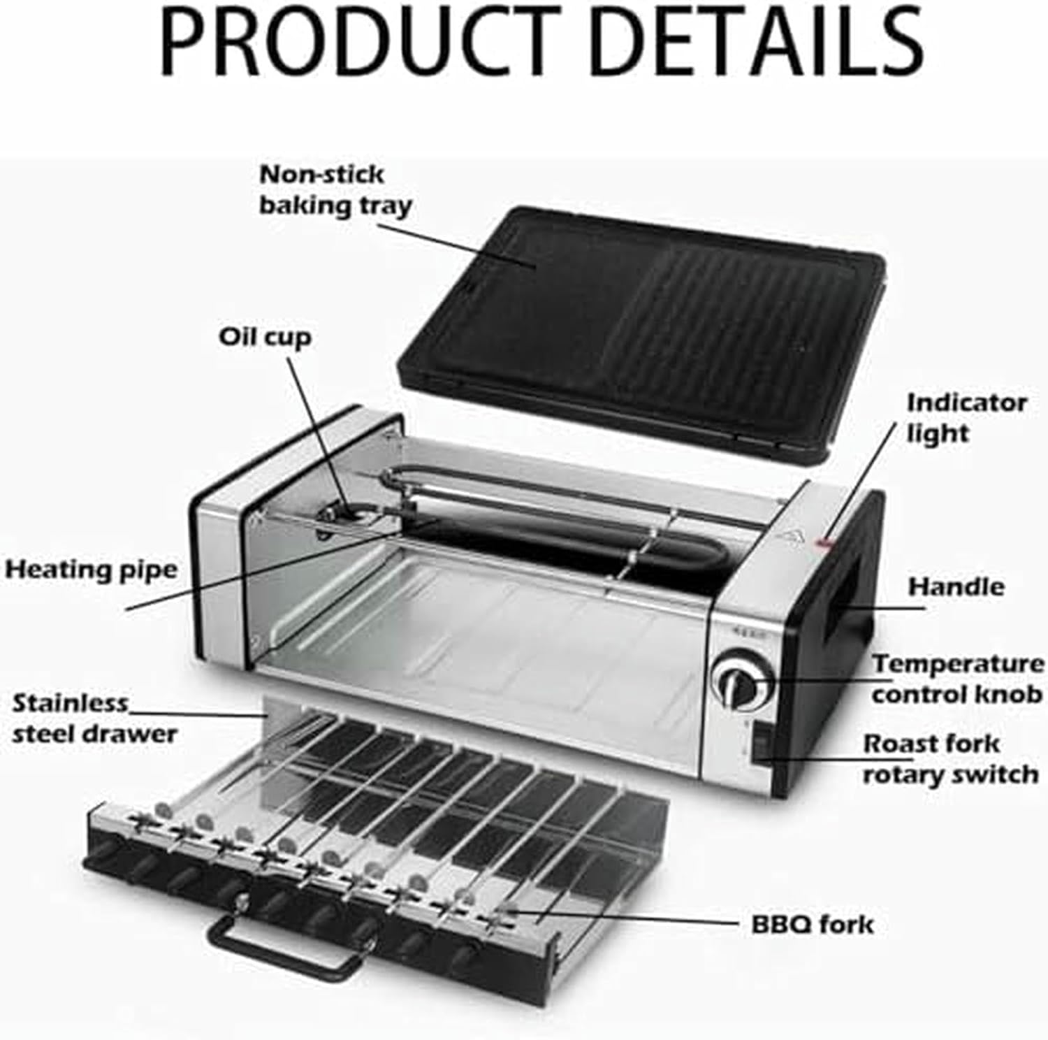 Double Layer Automatic Rotating Electric Grill, Smokeless BBQ Kebab Plate with Adjustable Temperature, Ideals for Kitchen, Party, and Camping, Easy to Clean