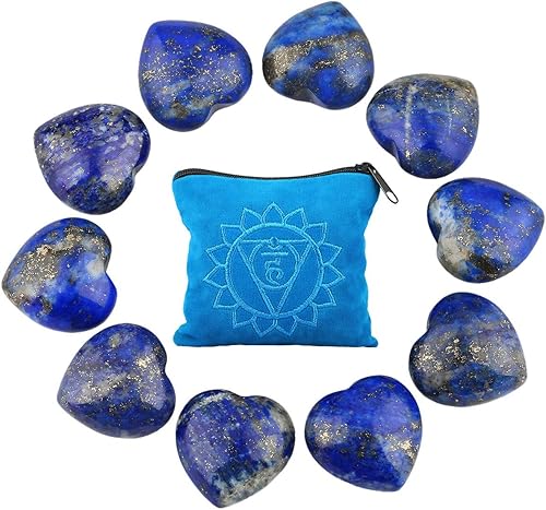 Rockcloud 10 piedras de cristal curativo de lapislázuli, corazón, amor, talladas, con bolsa de chakras, meditación, equilibrio de reiki