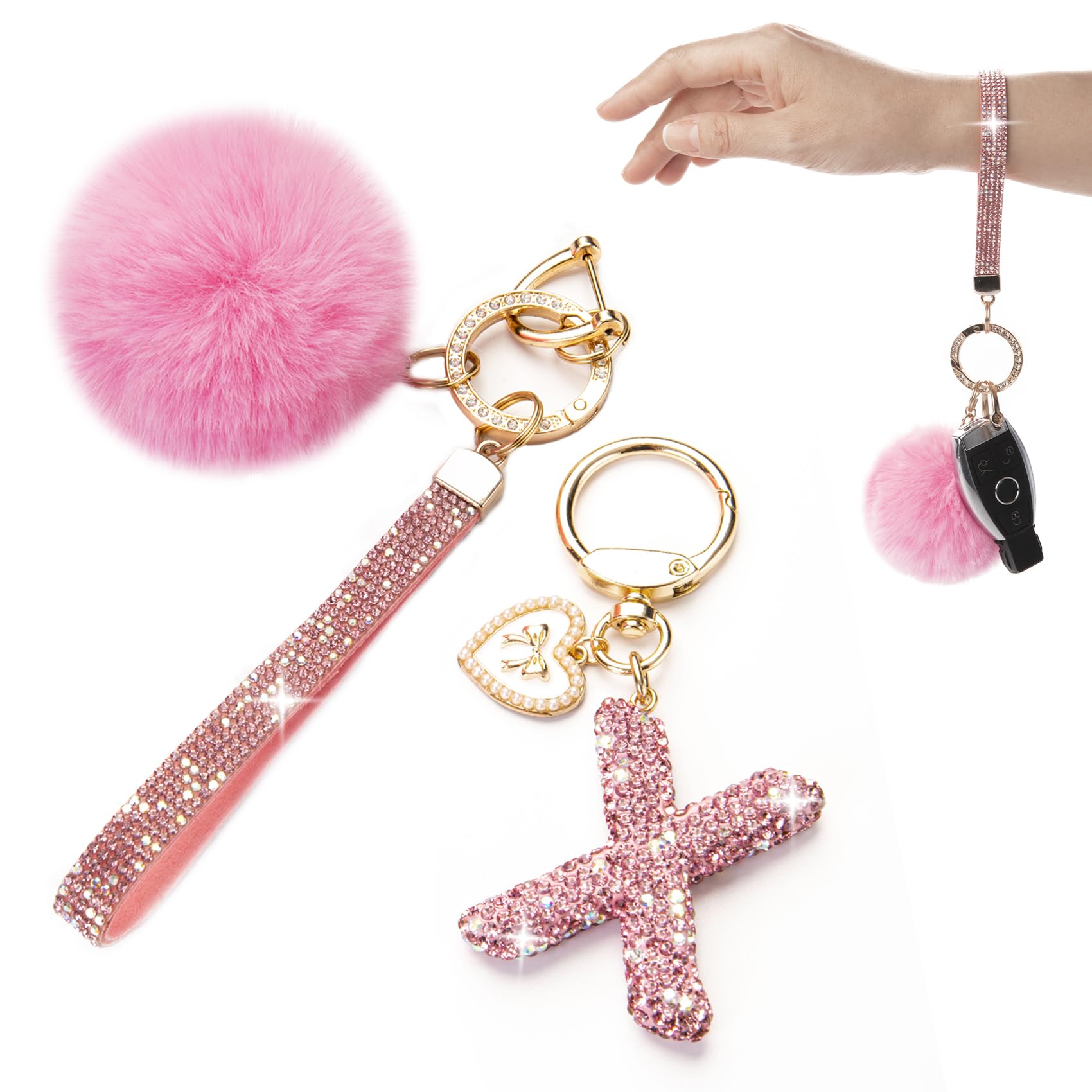 Initial Letter Keychain for Women Girl Bling Rhinestone Sparkly Bag Backpack Purse Charm Cute Pom Pom Key Chain Wristlet