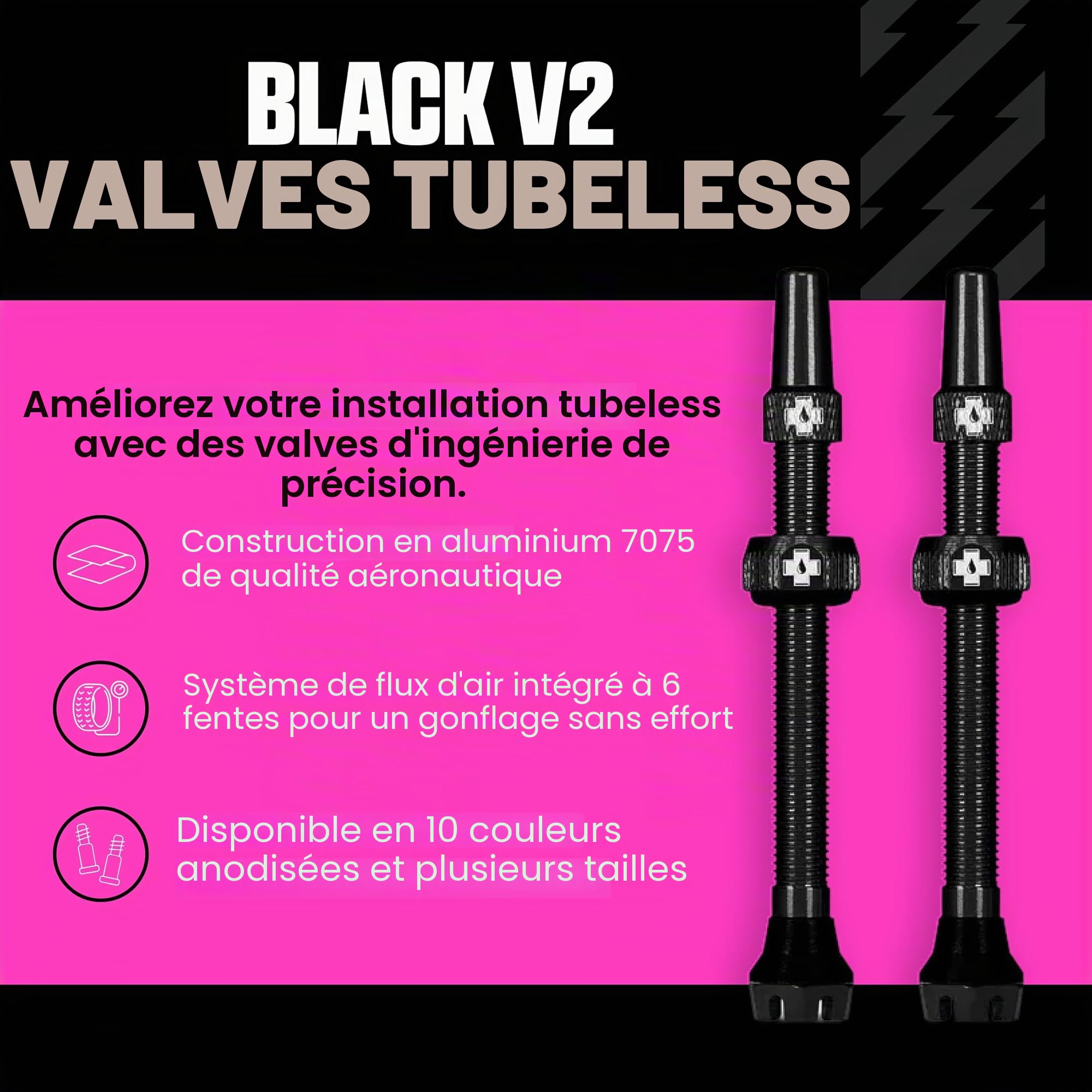 Muc-Off Valves Presta Tubeless - 60 mm - Valves de Vélo Anti-Fuite de Qualité Supérieure avec Outil Démonte-Obus de Valve Intégré - Noir