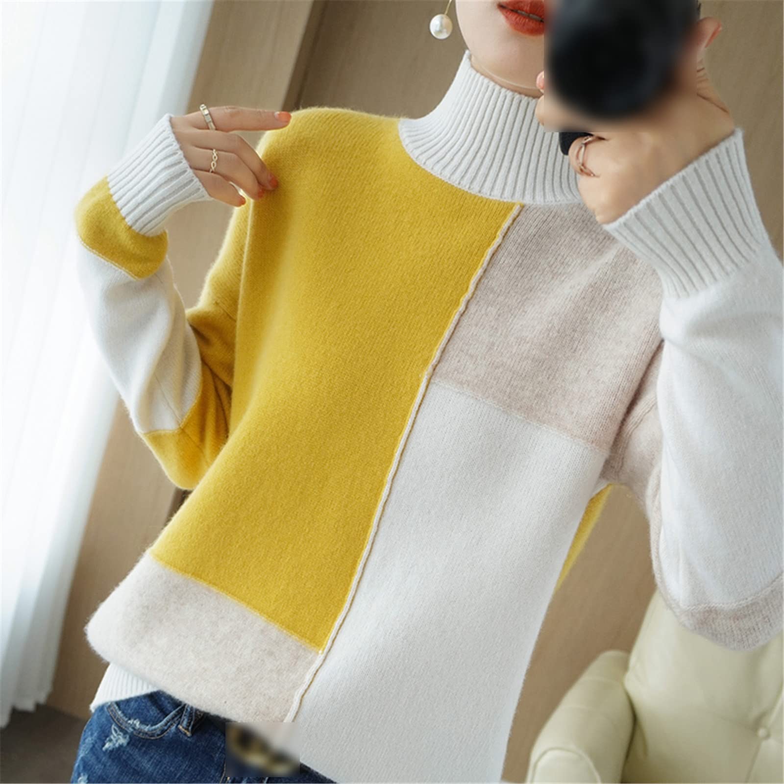 Kelsiop Maglione di cachemire Dolcevita da donna Color-Blocking 100% Lana Pullover Moda Caldo Maglia Bottoming Shirt
