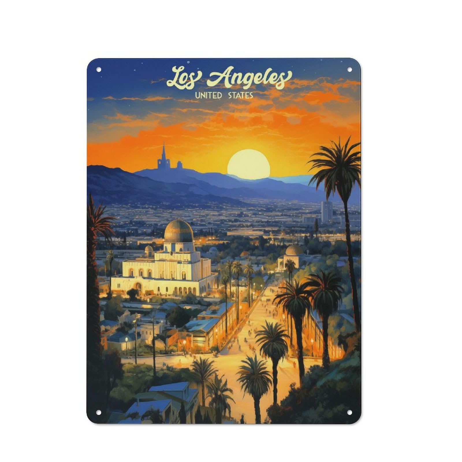 Junmoney Style-24 Metal Wall Sign 40X30cm Featuring Los Angeles Sunset Cityscape Art For Pub Or Café, Housewarming Wall Decor For People Furnishing Pub And Café
