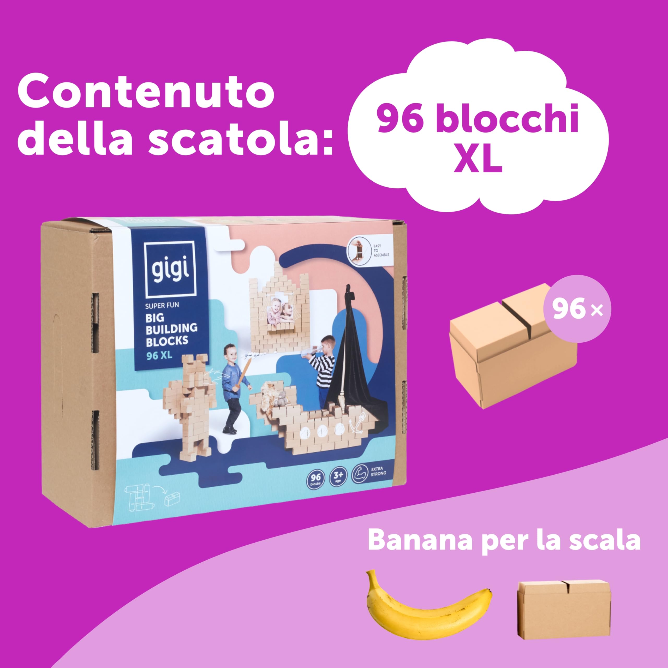 GIGI BLOKS 96 Mattoncini Costruzioni Grandi per Bambini XL Impilabili & Incastro | Cartone Blocchi Costruzioni per Bambini Robusti e Facili da Montare | Grandi Giochi Montessori Creativi & Educativi