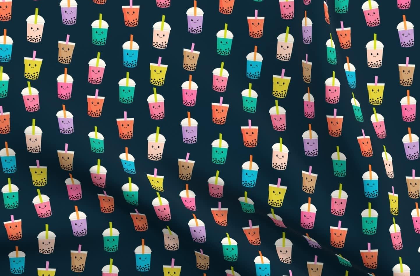 Spoonflower Fabric - Small Tea Kawaii Cute Food Bubble Navy Bright Colorful Pastel Novelty Printed on Petal Signature Cotton Fabric Fat Quarter - Sewing Quilting Apparel Crafts Decor