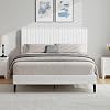 HOMBCK Double Bed Frame, Upholstered Platform Bed with Velvet Channel Tufted Headboard, Wood Slat Support, No Box Spring Needed, White, 135x190
