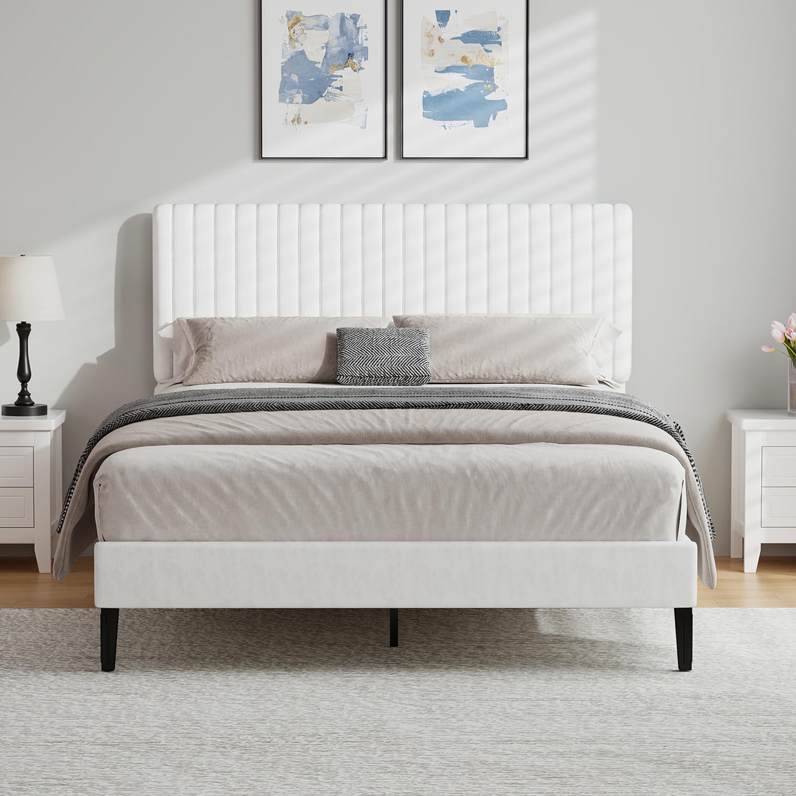 HOMBCK Double Bed Frame, Upholstered Platform Bed with Velvet Channel Tufted Headboard, Wood Slat Support, No Box Spring Needed, White, 135x190