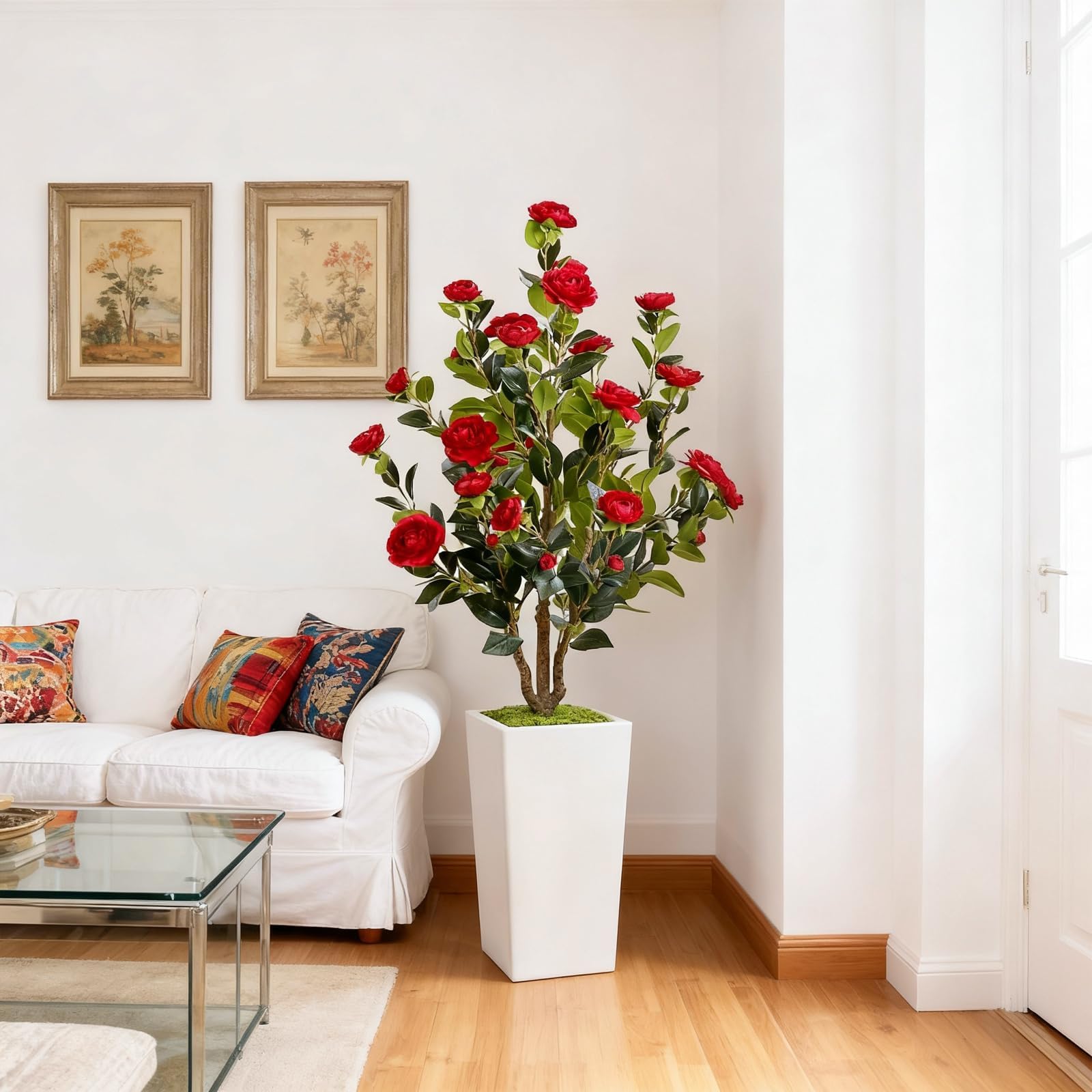 GarveeLife Árbol de Camelia Artificial con Maceta Blanca, 120 cm, Planta Artificial Grande en Maceta, con Hojas y Flores Ajustables, decoración para casa, Boda, Fiesta, jardín, decoración, Rojo