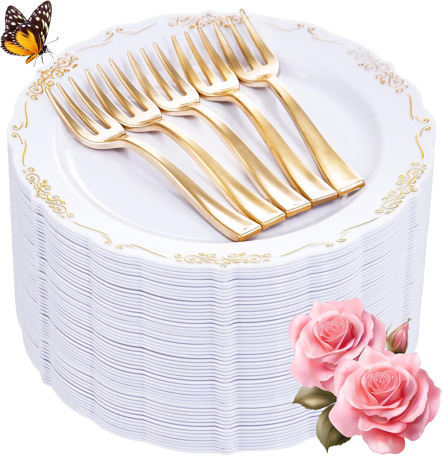 liyh 100 pcs gold dessert plates and 100 pcs gold plastic forks, white appetizer plates, disposable salad plate,wedding cake plate cake forks perfect for parties, birthdays,wedding