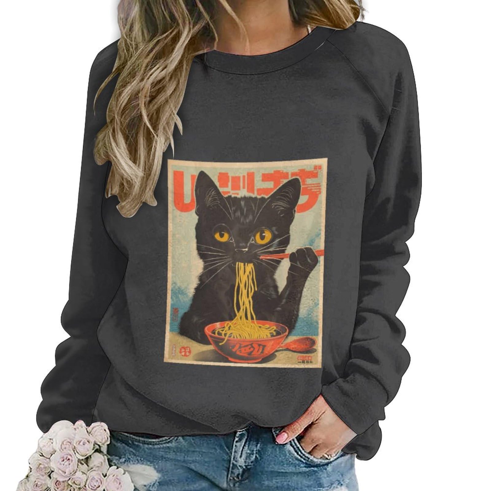 Cat Shirts for Women Funny Novelty Cat Eating Ramen Noodles Printed Cotton Sweatshirt Oversized Vintage Graphic Long Sleeve