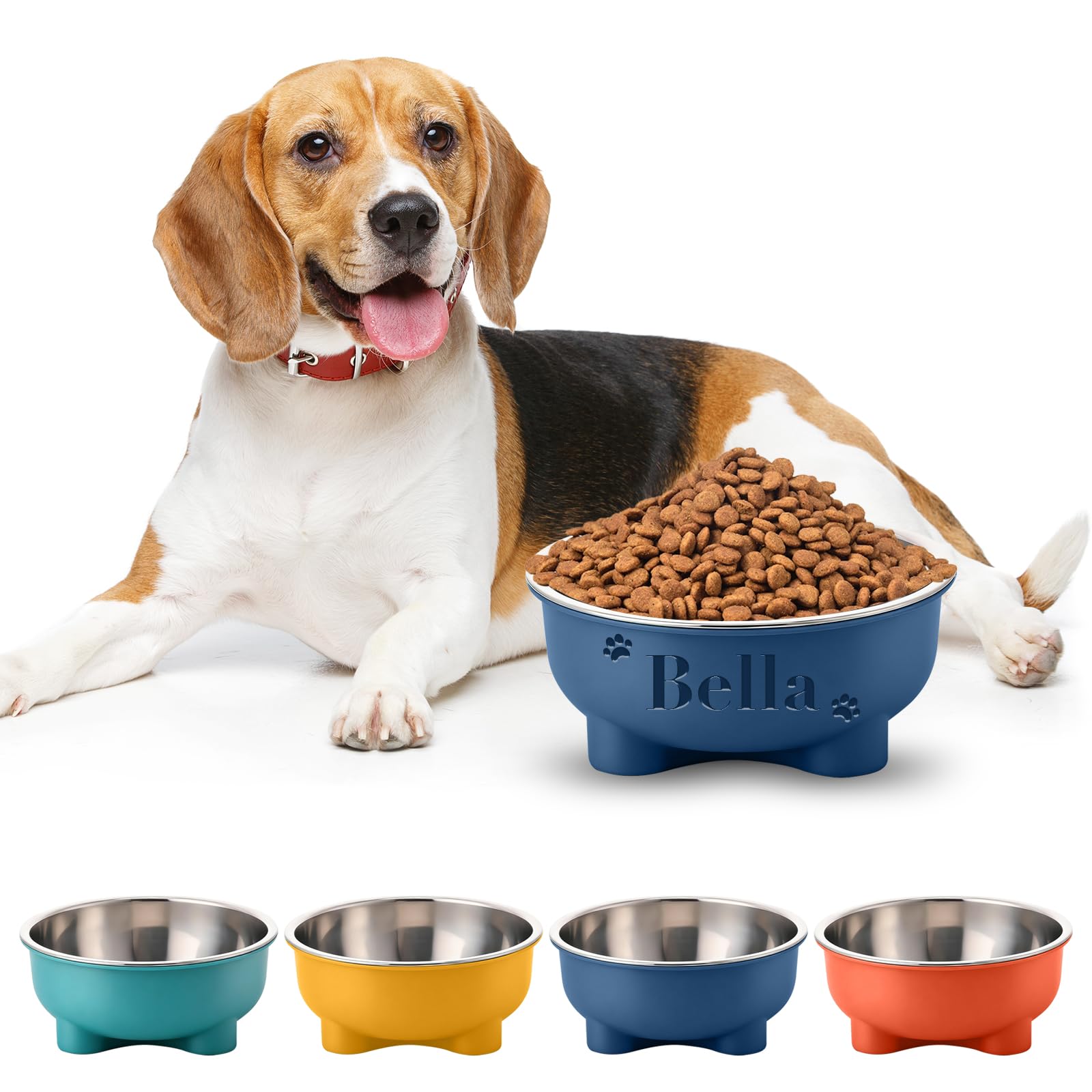 Custom Personalised Dog Bowl With Pet Name Laser Engraved, Stainless Steel Neck Protection Pets Feeding Bowl For Dogs Cats, Non-Slip Food Water Bowl, Personalised Dog Gifts For Pet Home (Blue)