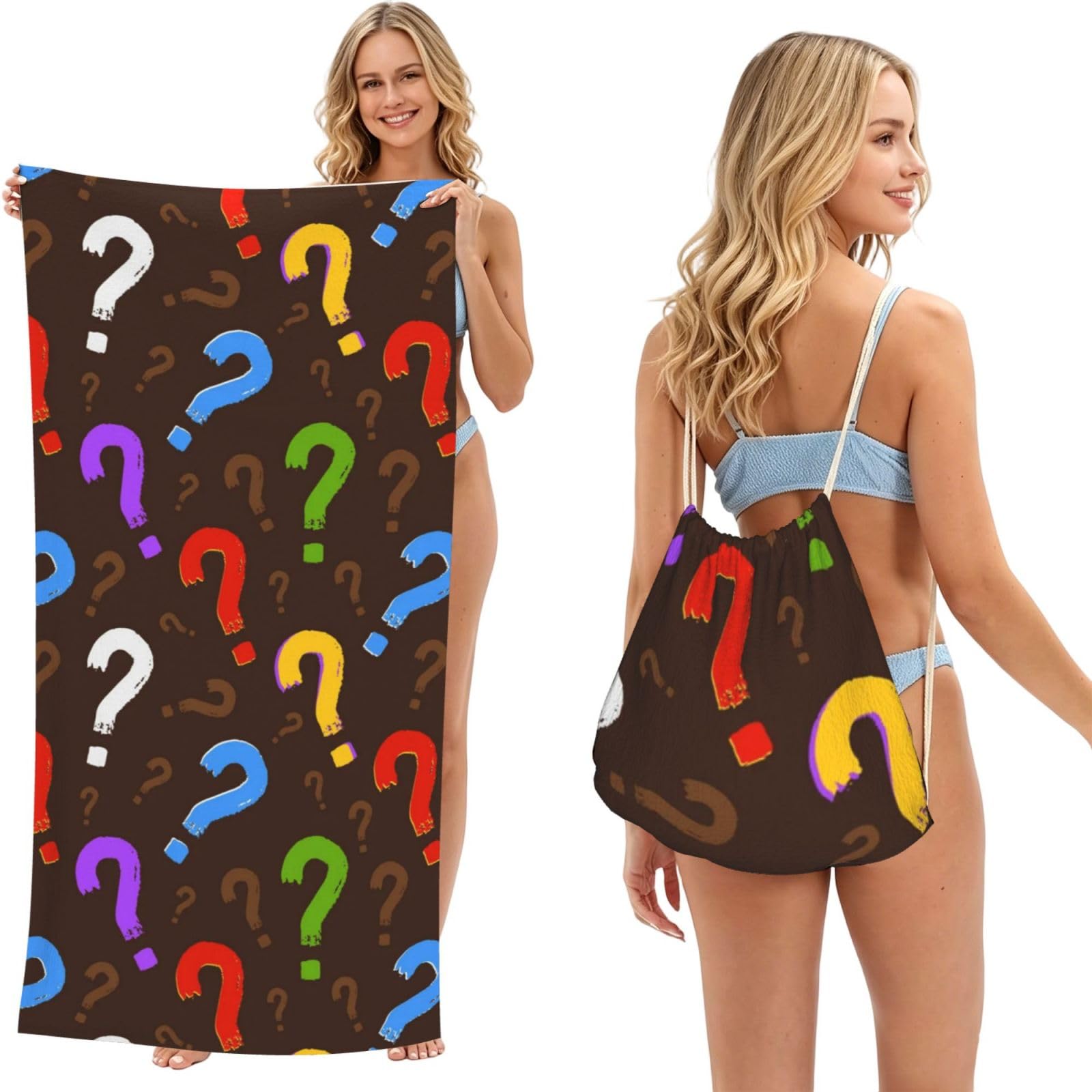 Poadnly As Picture Colorful Question Mark, 2 In 1 Packable Towel Bag, Beach Towels With Drawstring Backpack For Travel Holiday Camping
