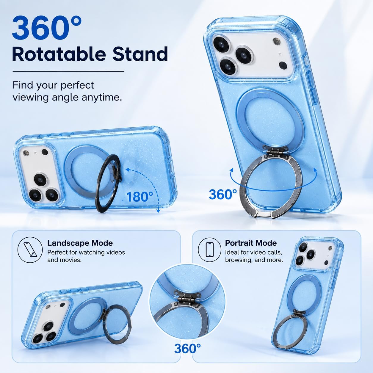 for iPhone 18 Pro Max Case with 360 Magnetic Stand Glitter Blue image 2