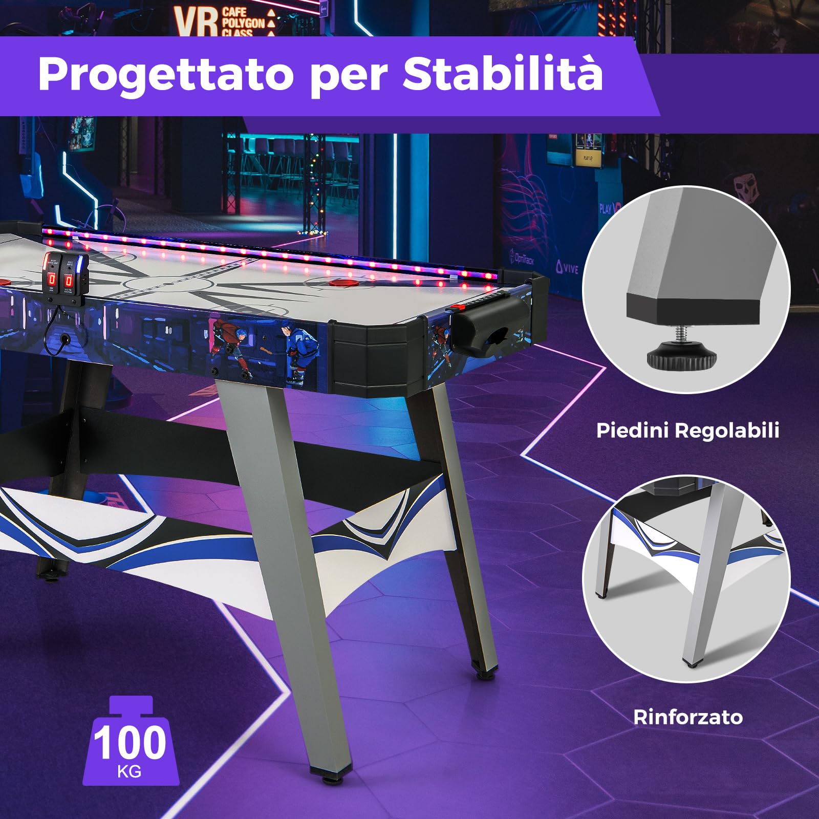 COSTWAY Air Hockey da Tavolo con 2 Spintori e Dischi, Piedini Regolabili, Tavolo da Hockey Alimentato con 12V Motore e Tabellone Segnapunti LED, Tavolo Hockey da Interno 137 x 65 x 86 cm