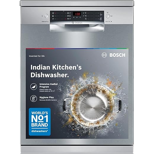 Bosch 14 Place Setting Dishwasher with Intensive Kadhai Program, 70⁰ Hot water wash, 3-Stage Adjustable Upper Rack, No Pre-Rinse (SMS46KI03I, Silver, Glass Protection Technology)