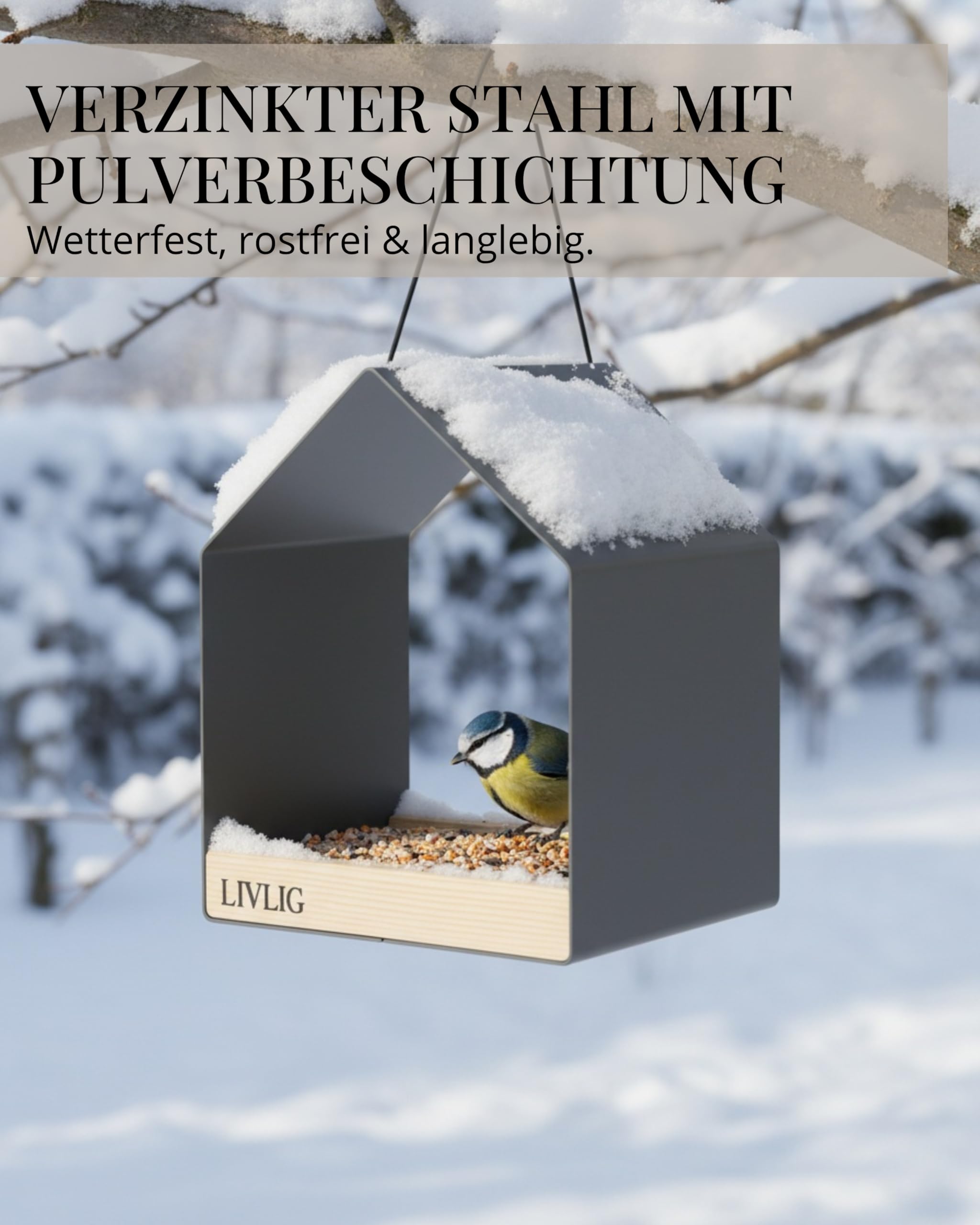 LIVLIG Vogelhaus Metall – 2in1 Vogelfutterhaus & Vogeltränke, Design Vogelhaus zum Aufhängen, wetterfestes Futterhaus für Vögel ganzjährig, Futterspender Vögel, Anthrazit