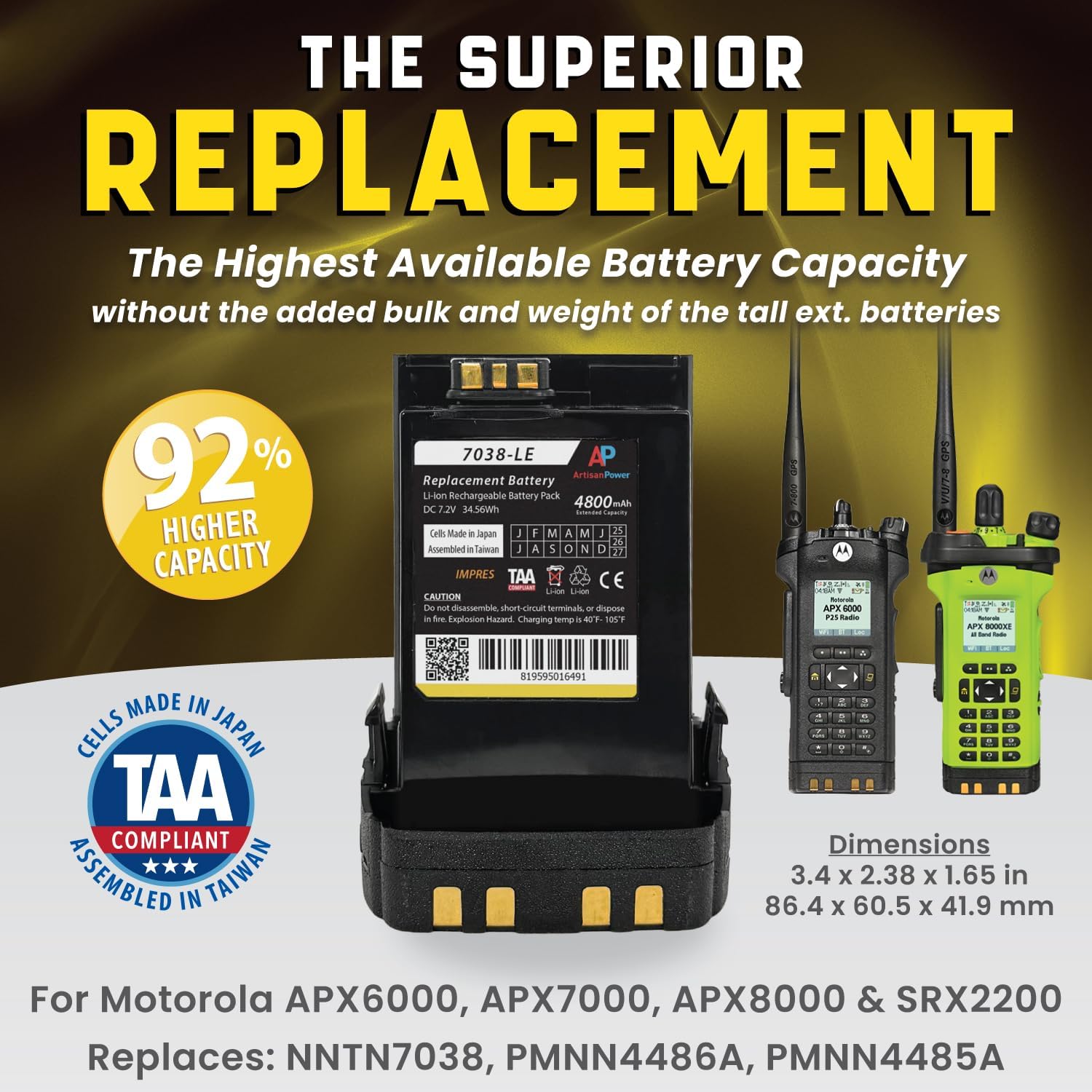 Replacement IMPRES Super Extended Capacity Battery for Motorola APX7000, APX7000, APX6000 and SRX2200. 4800 mAh Li-ion - Full Shift Capacity - Replaces NNTN7038, PMNN4486A, PMNN4485A - TAA-Compliant - Image 2
