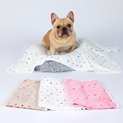 Miniatura 6 de 1 paquete de 3 mantas súper suaves con patrón de puntos para mascotas, manta de franela para perro, cachorro, gato, beige, marrónrosa, talla S