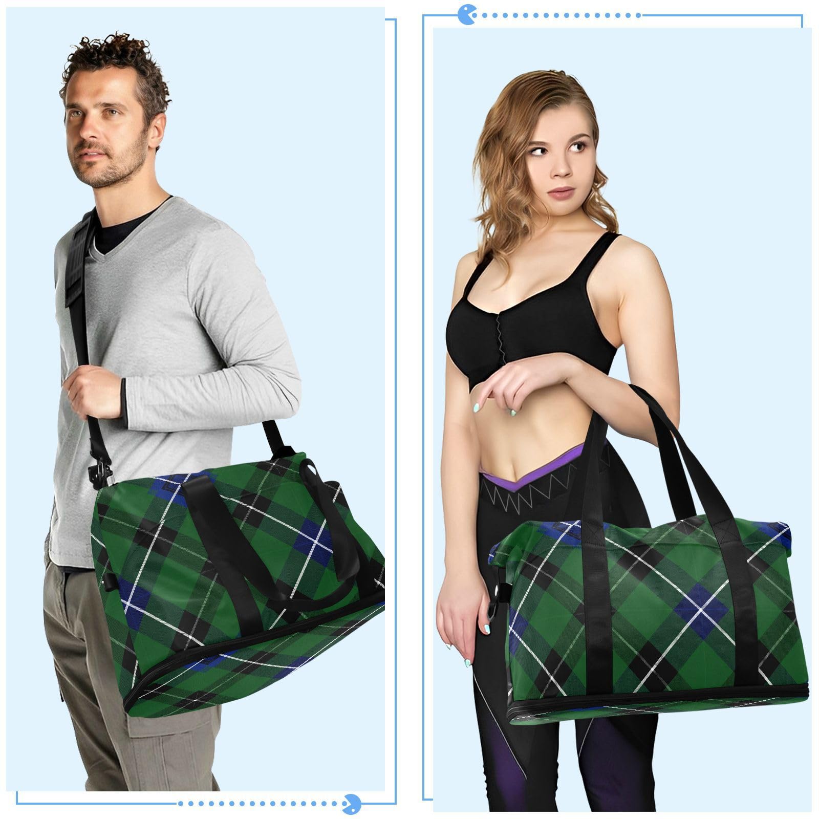 Bolsa de fin de semana con bolsillo húmedo, correa ajustable, color verde a cuadros escoceses, para viajes en avión, gran capacidad para hombres y mujeres