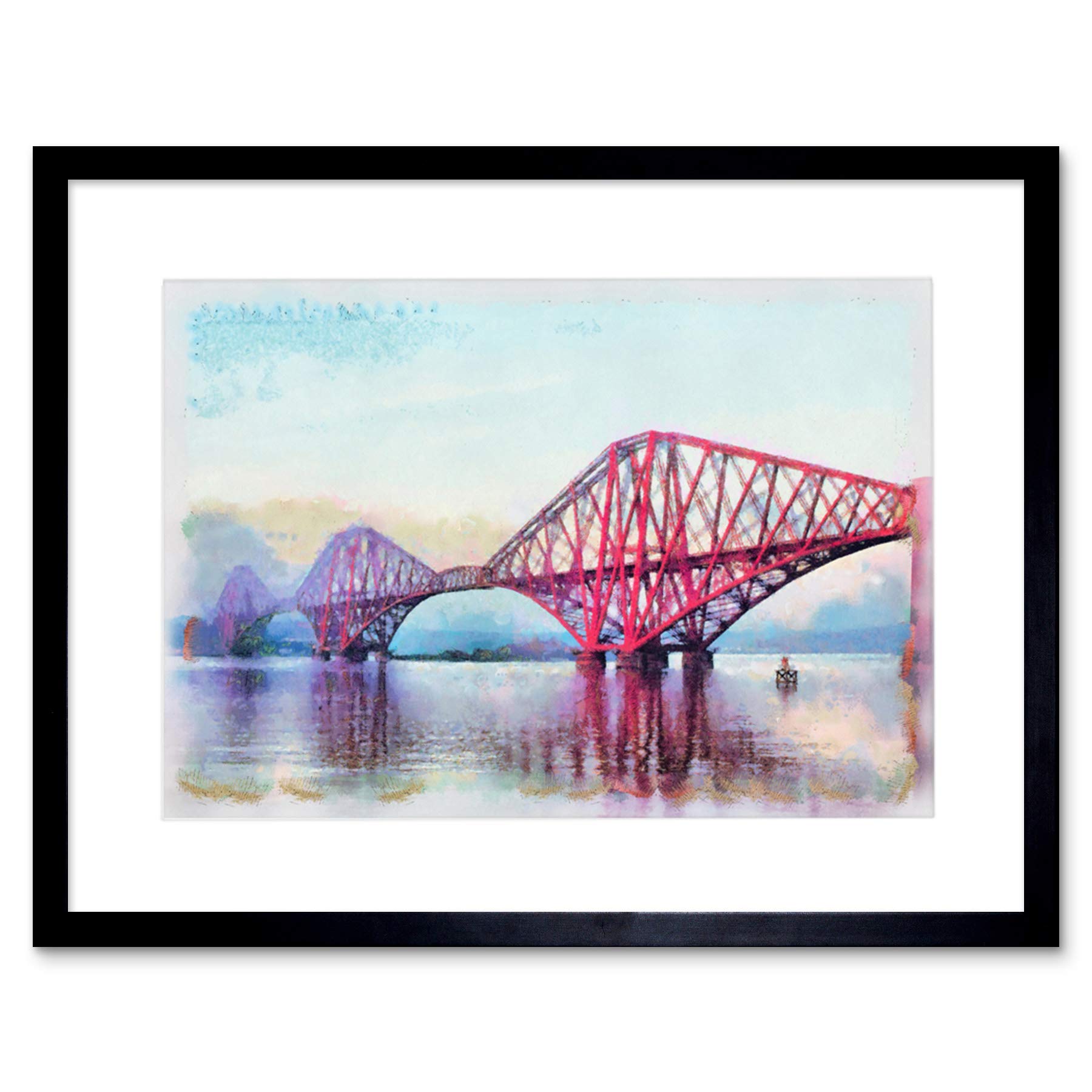 Wee Blue Coo Painting Landmark Forth Bridge Edinburgh Scotland Framed Wall Art Print