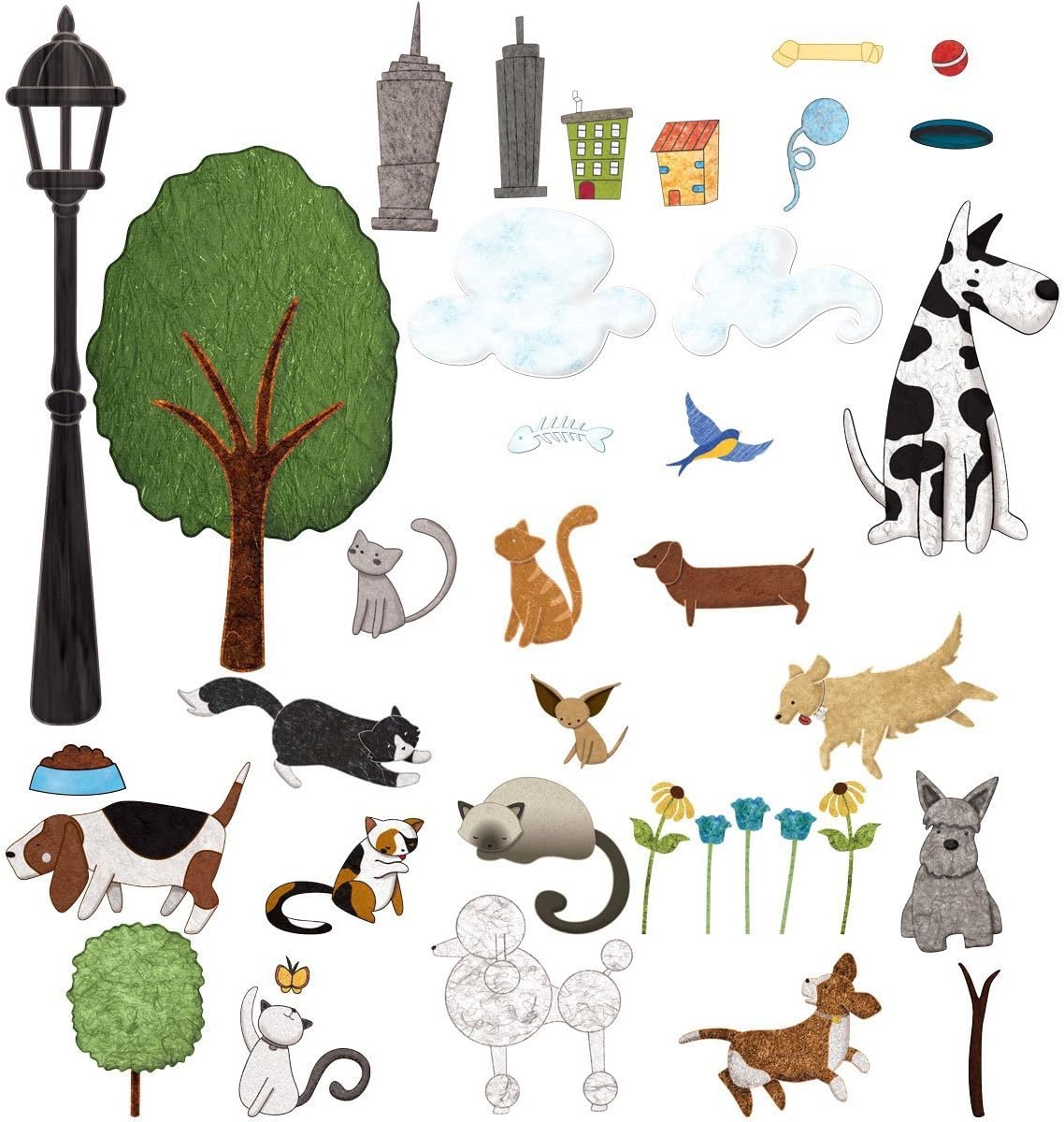 My Wonderful Walls Cat and Dog Wall Sticker Set – 37 Peel & Stick Animal and City Park Decals