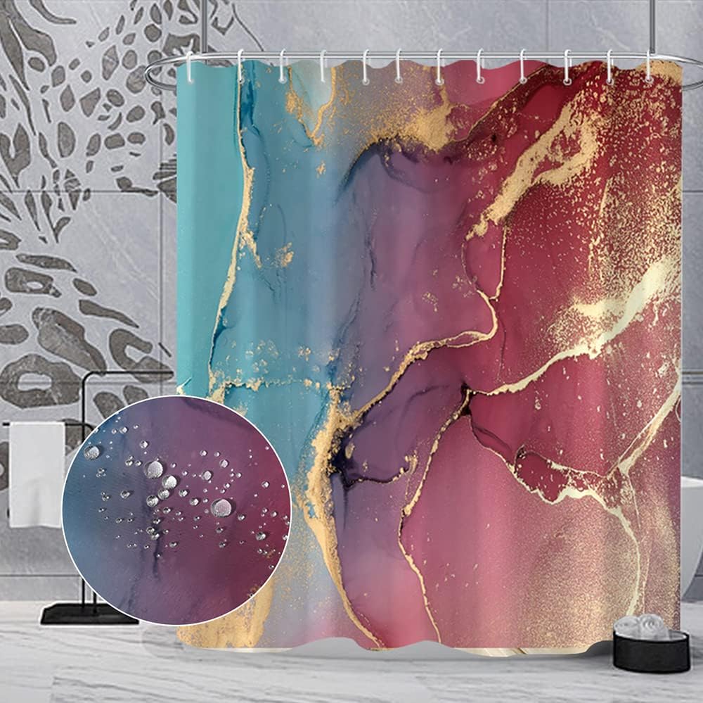 Red Shower Curtain, Teal Green Marble Shower Curtain for Bathroom Stall RV Abstract Art Decor Waterproof Fabric Shower Curtain Set with Hooks 72x72 inches