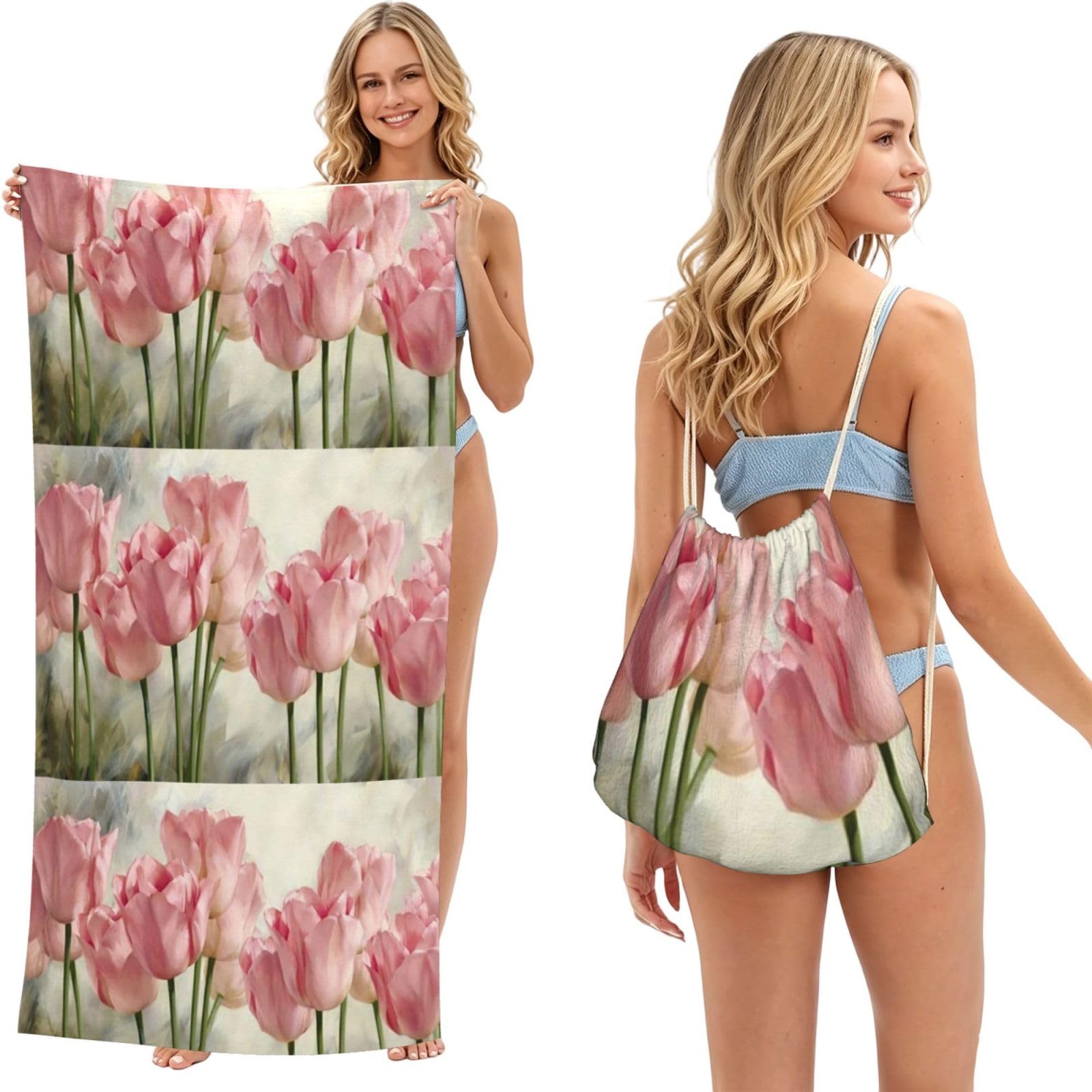 Poadnly As Picture Pink Tulips Printed, 2 In 1 Packable Towel Bag, Beach Towels With Drawstring Backpack For Travel Holiday Camping