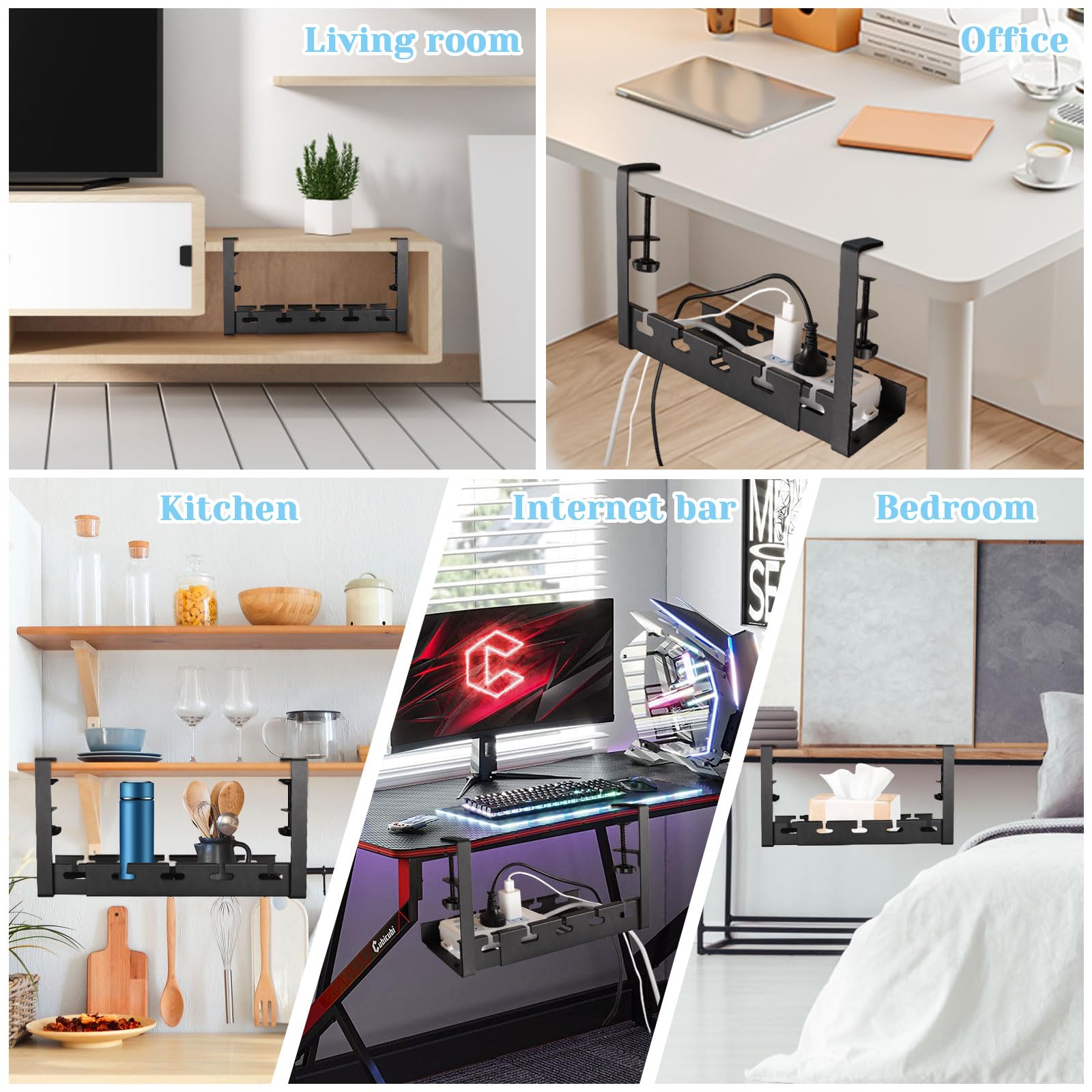 Cable Management, Plateau de Gestion des Câbles sous Bureau sans Perçage, Rétractable 28,7cm-55cm, Organisateur de Câbles et Multiprises pour Bureau à Domicile, Noir